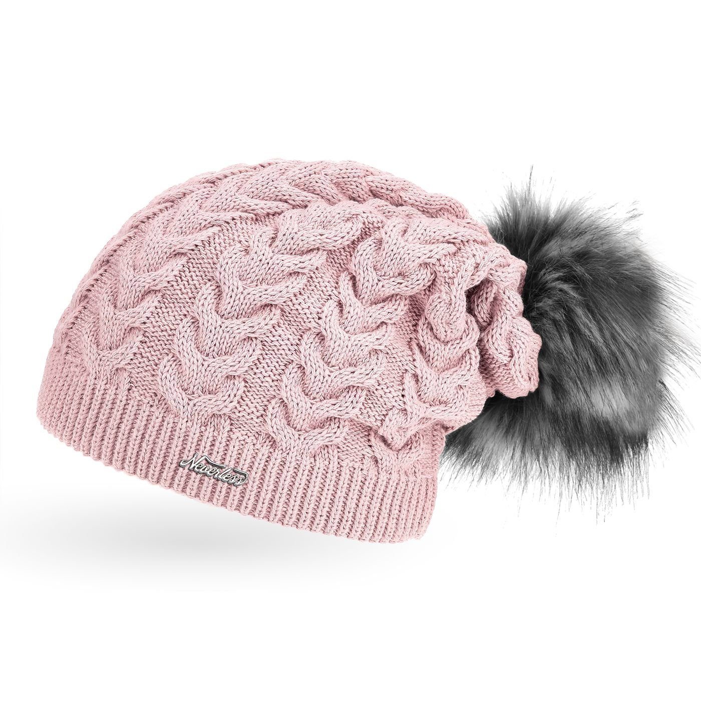 Bommelmütze coole Damen Strickmütze Strick-Beanie gefüttert Fell-Bommel