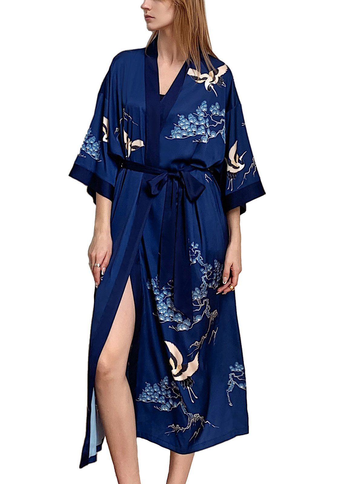 Vivi Idee Morgenmantel Bademantel Schlafmantel kimono lang leicht satin Sauna Einheitsgröße, Kimono-Kragen, Bindegürtel, Seidig