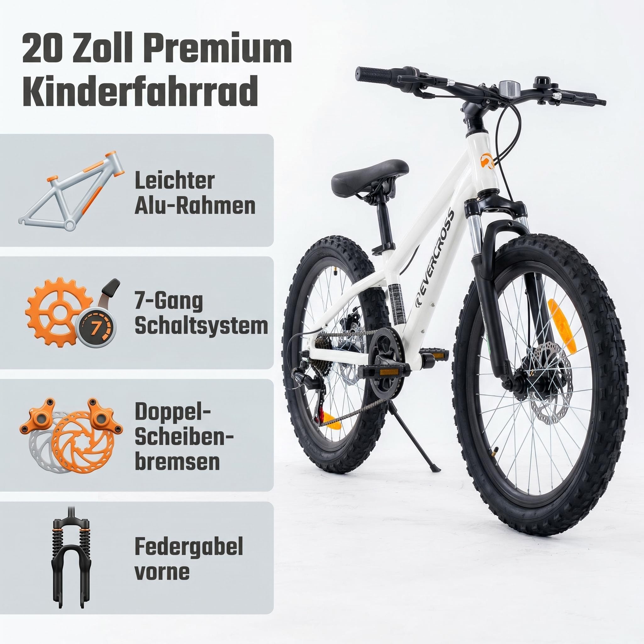 EVERCROSS TECH Kinderfahrrad EM5 20 Zoll MTB Kid, Shimano 7 Gang,Aluminiumrahmen, 7 Gang, Federgabel, Geländetauglich für Kinder ab 6 Jahren