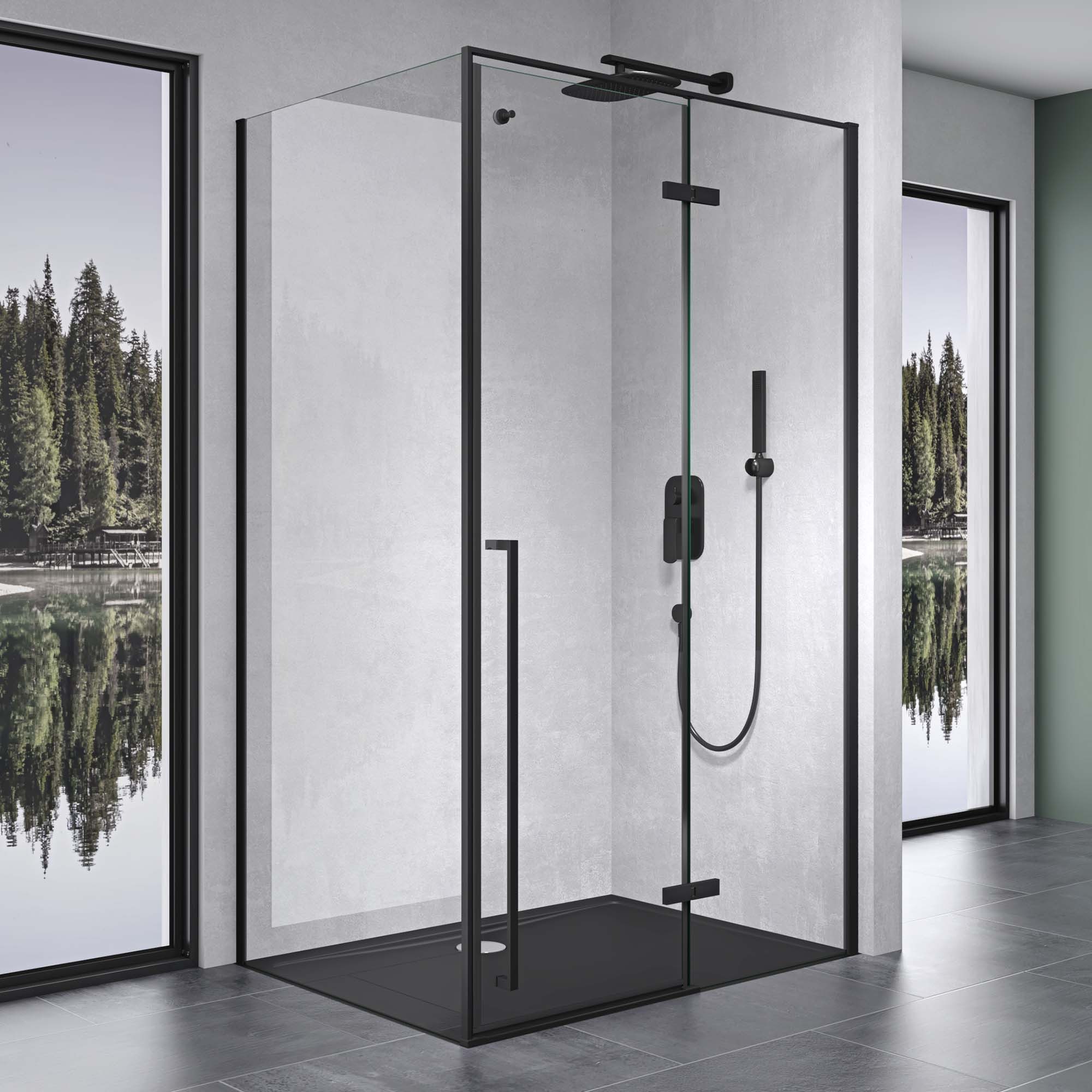 Mai & Mai Eckdusche Duschkabine Duschabtrennung Schwarz 6mm ESG in Klarglas H: 195cm R64K, BxT: 100x75 cm, Einscheibensicherheitsglas, ebenerdiger Einbau möglich