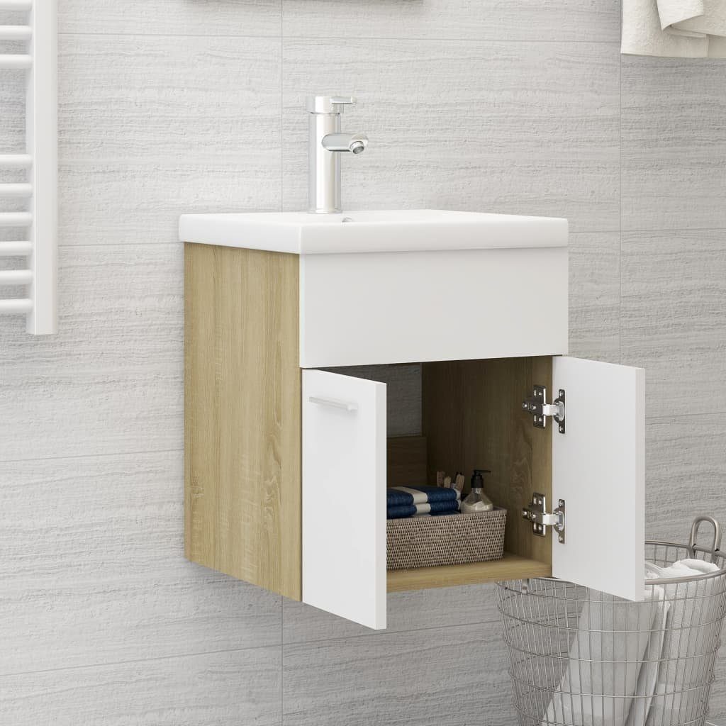 vidaXL Badezimmerspiegelschrank Waschbeckenunterschrank mit Einbaubecken Sonoma-Eiche und Weiß (1-St)