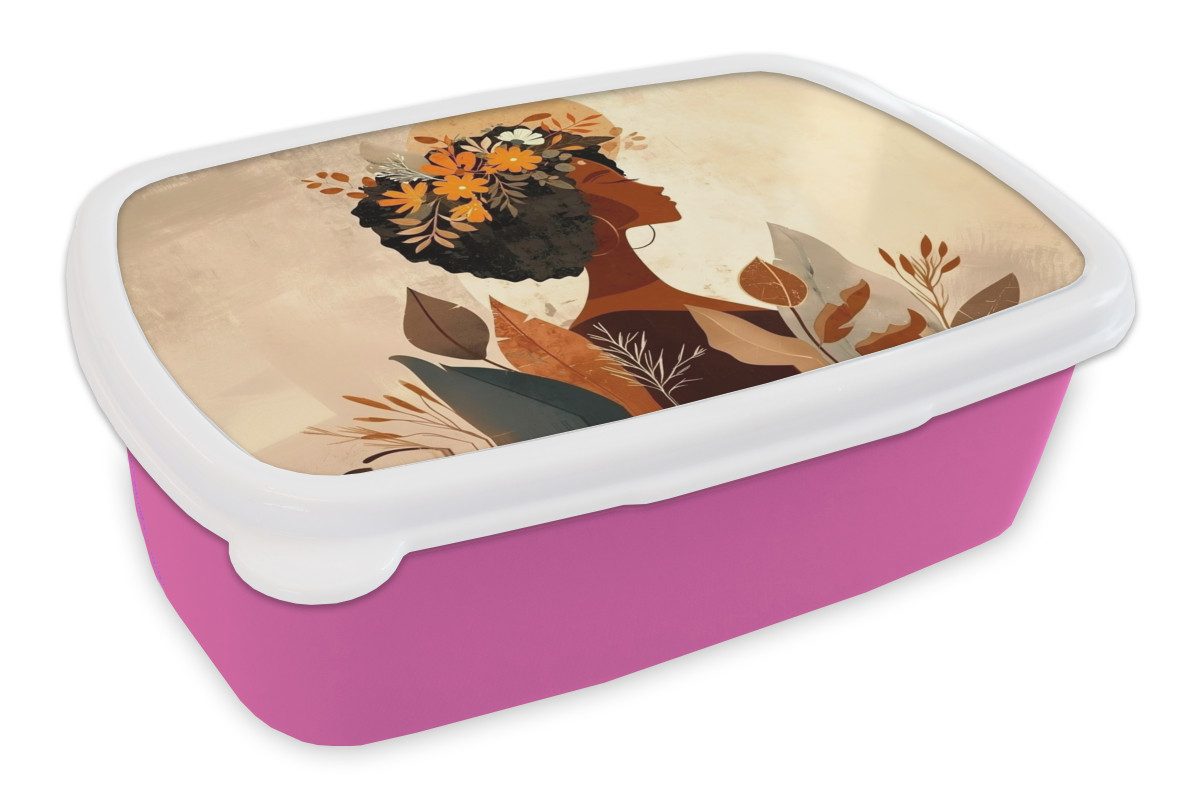 MuchoWow Lunchbox Frau - Locken - Blumen - Beige, Kunststoff, (2-tlg), Brotdosen, Lunch Box, Brotbox für Kinder und Erwachsene