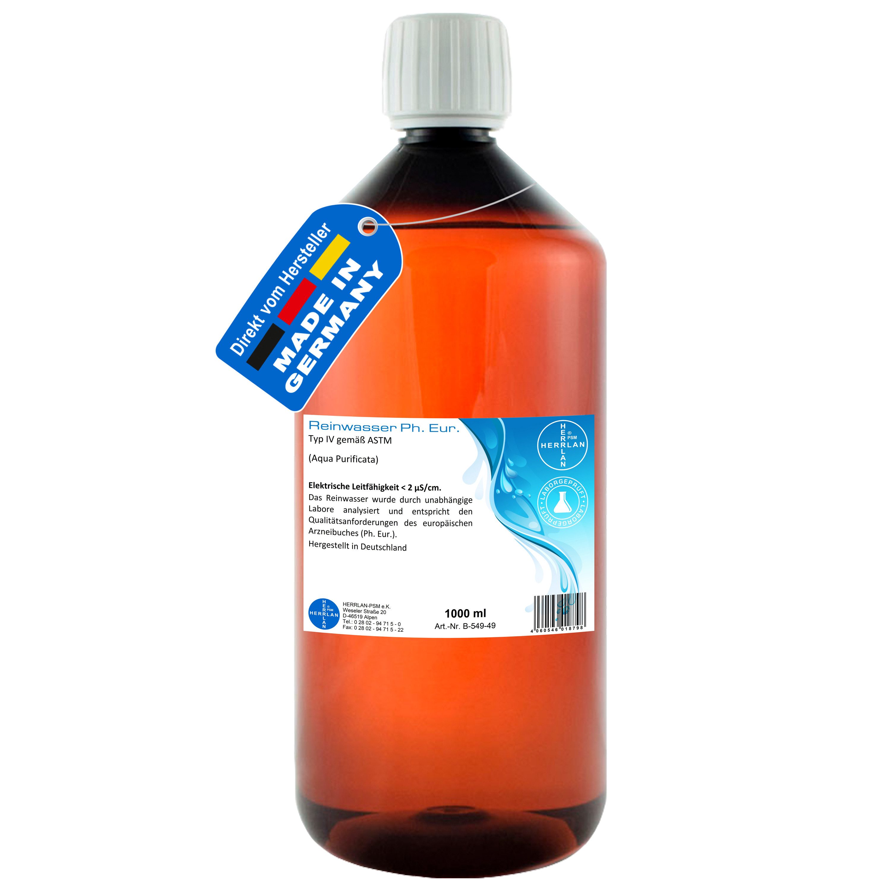 HERRLAN Destilliertes Wasser Reinwasser Ph. Eur. - AQUA PURIFICATA - destilliertes Wasser, 1000 ml