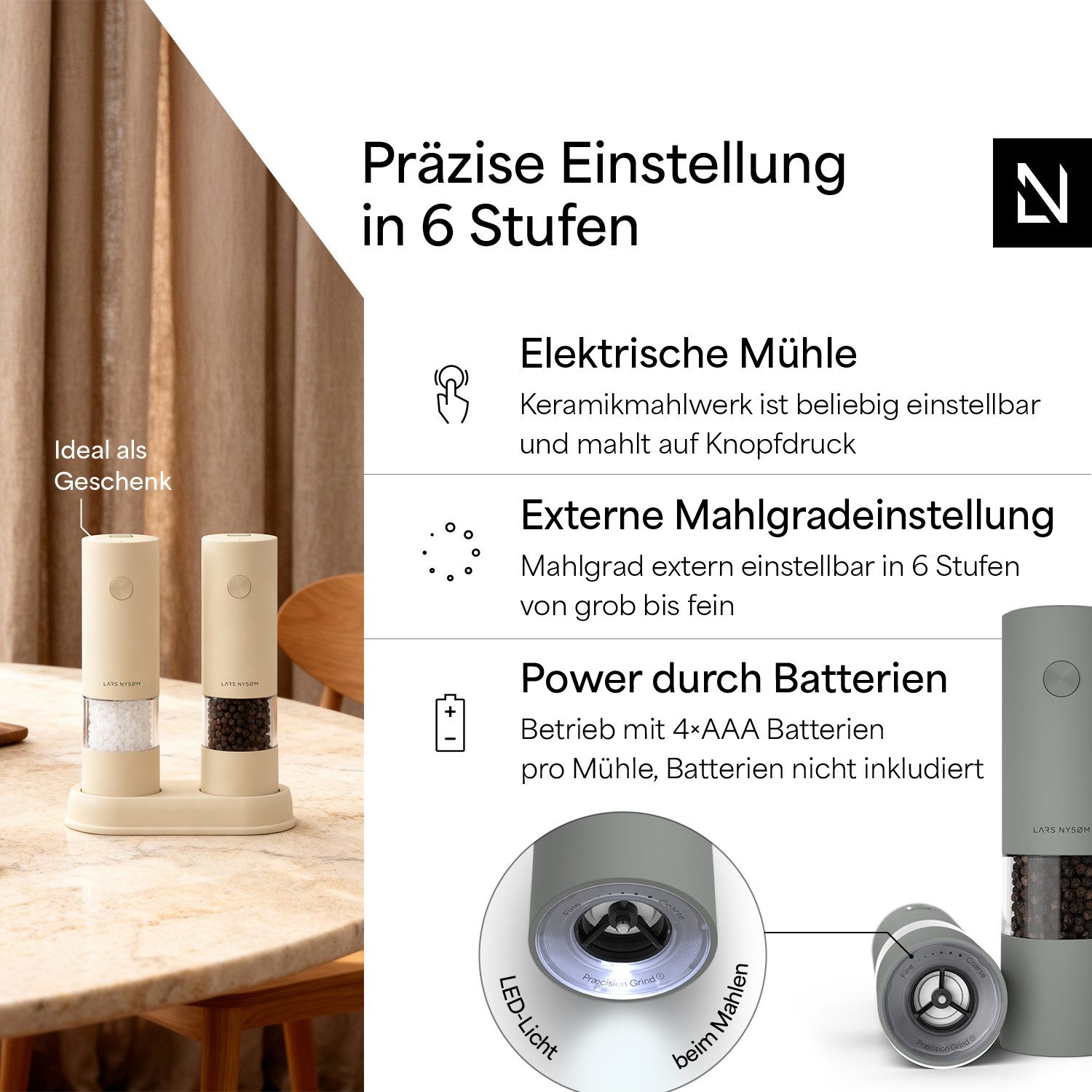 LARS NYSØM Gewürzmühle Kryd praktische Einhandbedienung per Drucktaste, (2 Stück), elektrische Salz- & Pfeffermühle mit Ständer