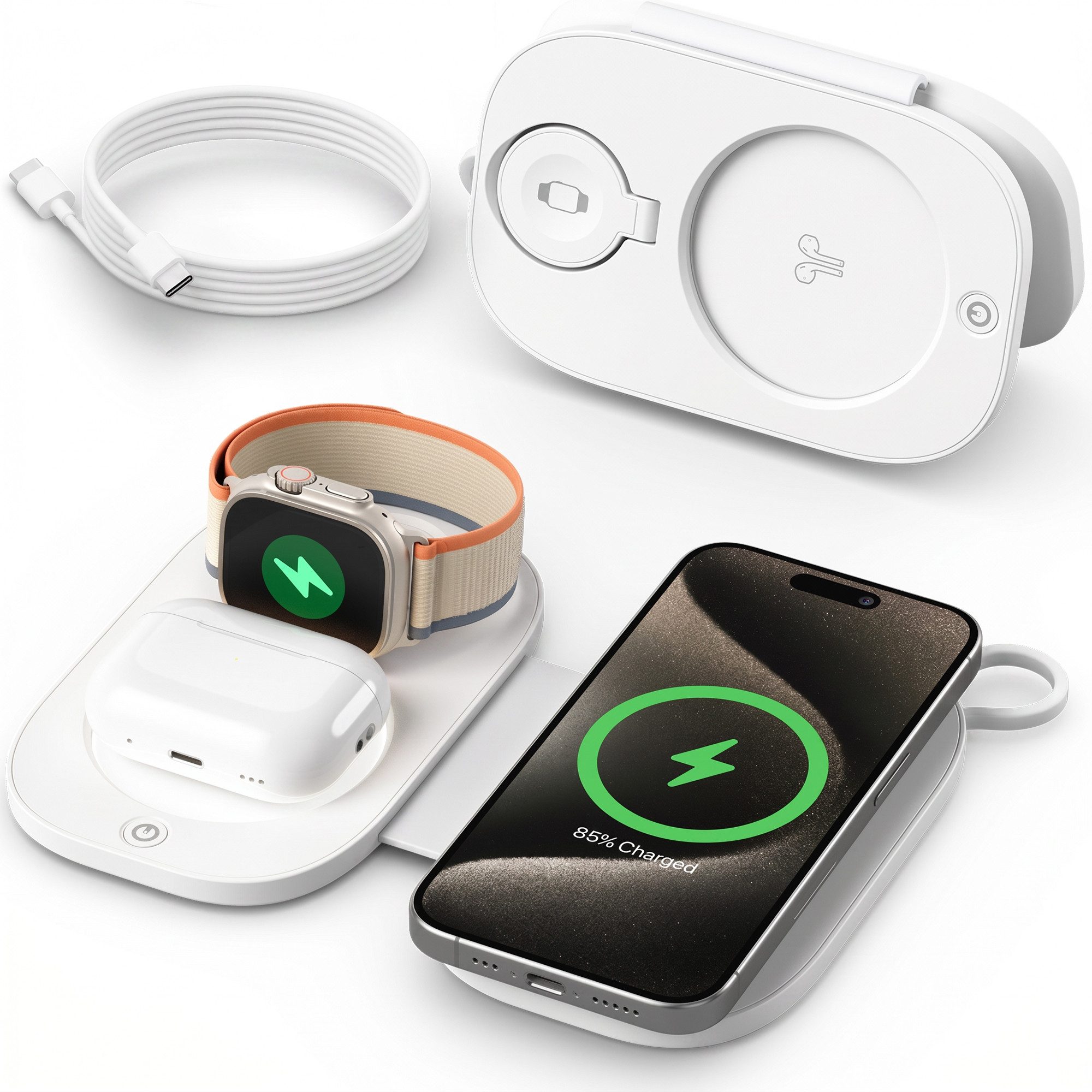 GreenHec Ladestation iPhone Apple Watch 3in1 LED MagSafe Wireless Charger Laden Wireless Charger (3000 mA, Spar-Set, 3in1 PowerBase + USB-C Kabel + 20w Dual Charger, 17 16 15 14 13 12 Pro Max Air Induktionsladegerät Kabellos Travel Base)