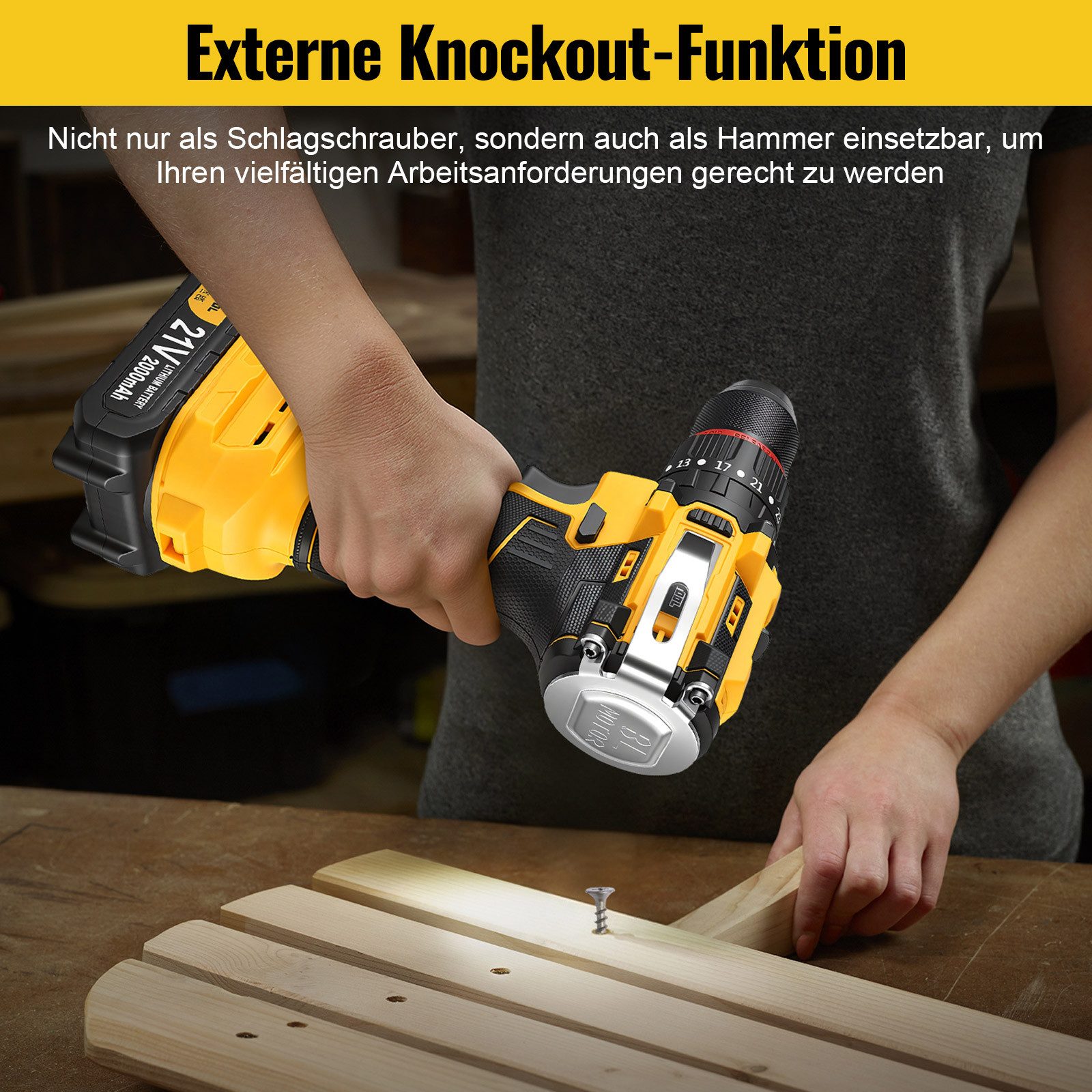 CONENTOOL Akku-Bohrschrauber Akkuschrauber Set Akkubohrer mit 60PCS Werkzeugkoffer, 21 V, max. 1800,00 U/min, (Set, 60-tlg., mit 2x 2000mAh Akkus und Ladegerät), 25+3 Drehmomentstufen, LED Licht, für Haus und DIY Projekt