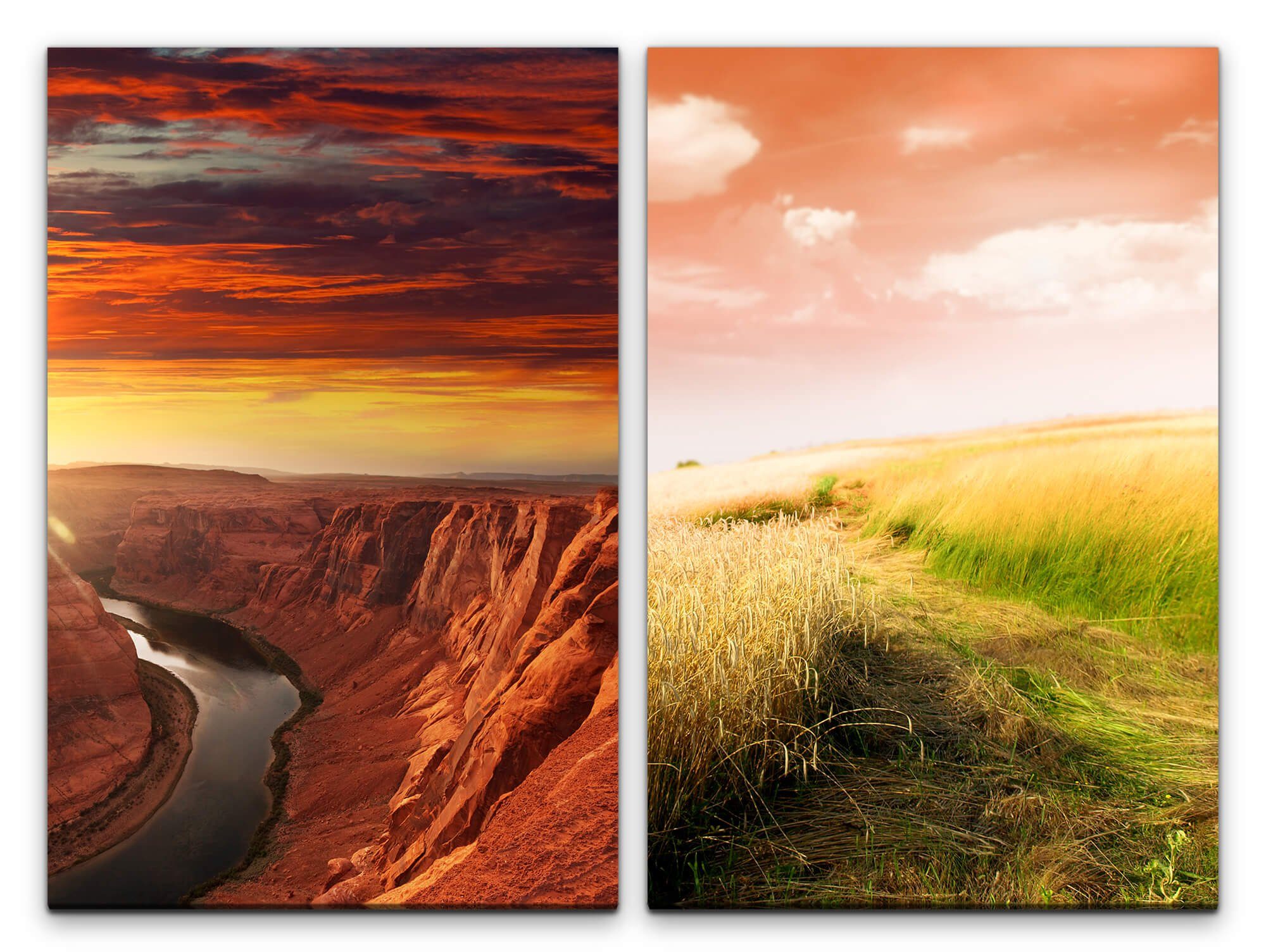 Sinus Art Leinwandbild 2 Bilder je 60x90cm Grand Canyon Fluss Berge Feld Sonnenuntergang Colorado River