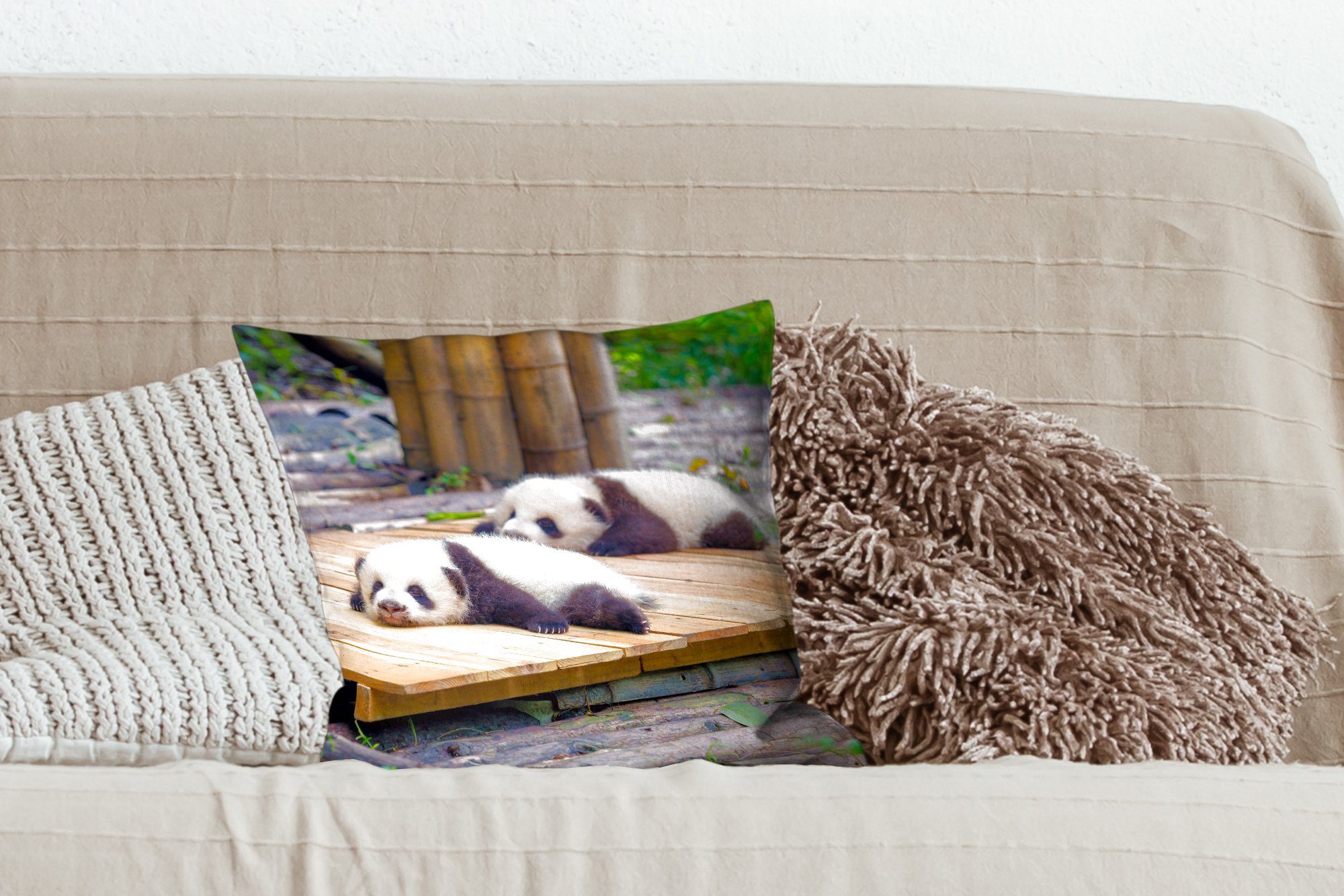 - Boden Schlafzimmer, Sofakissen Füllung Pandas Deko, Holz, Zierkissen mit - für Wohzimmer, MuchoWow Dekokissen