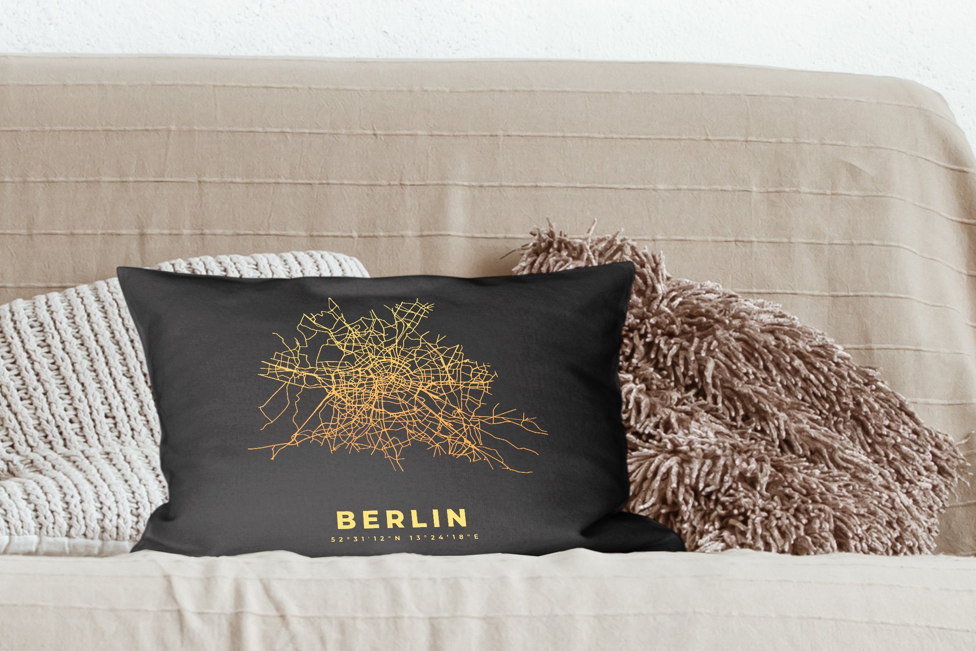 MuchoWow Dekokissen Gold Wohzimmer Schlafzimmer Karte, Dekokissen Berlin - Füllung, Karte Dekoration, mit Stadtplan - - - Zierkissen