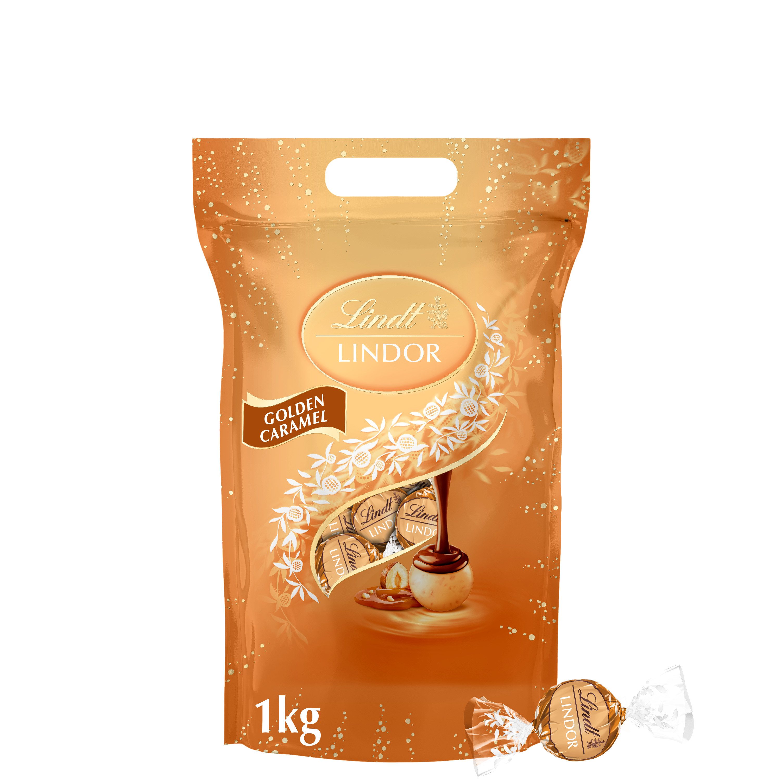 Lindt LINDOR Schokolade 1kg Kugeln Golden Caramel Beutel Schokolade Pralinen Weiß Geschenk, 1 x 1000 g, 1 St.