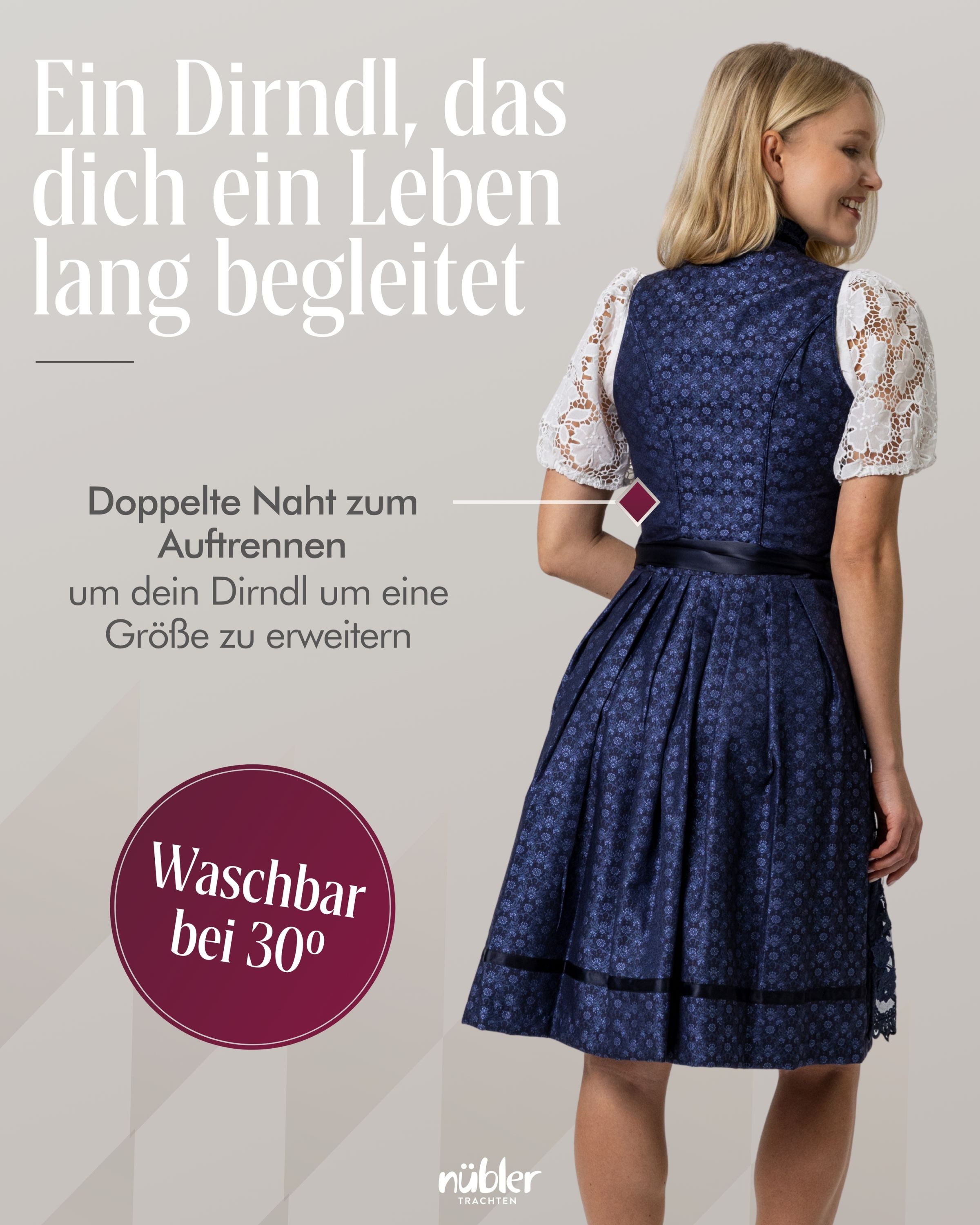 Nübler Trachtenkleid Dirndl midi Coro in Dunkelblau von Nübler - Rocklänge 60 cm