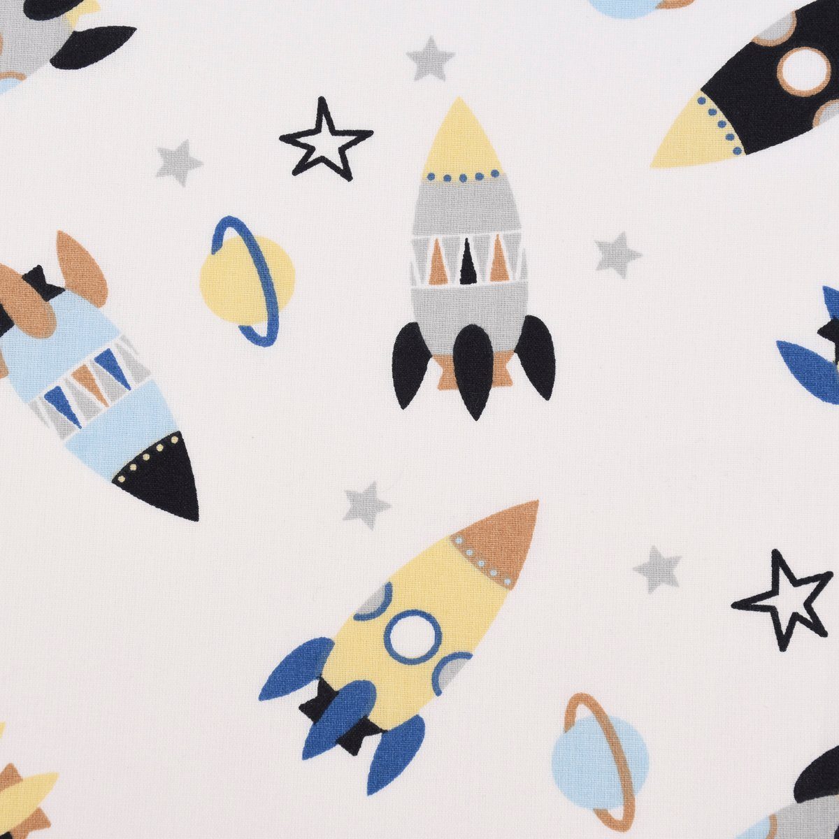 SCHÖNER LEBEN. Stoff Baumwollstoff Meterware FUSEE Rakete Planeten Sterne weiß blau 150cm, allergikergeeignet,atmungsaktiv,pflegeleicht