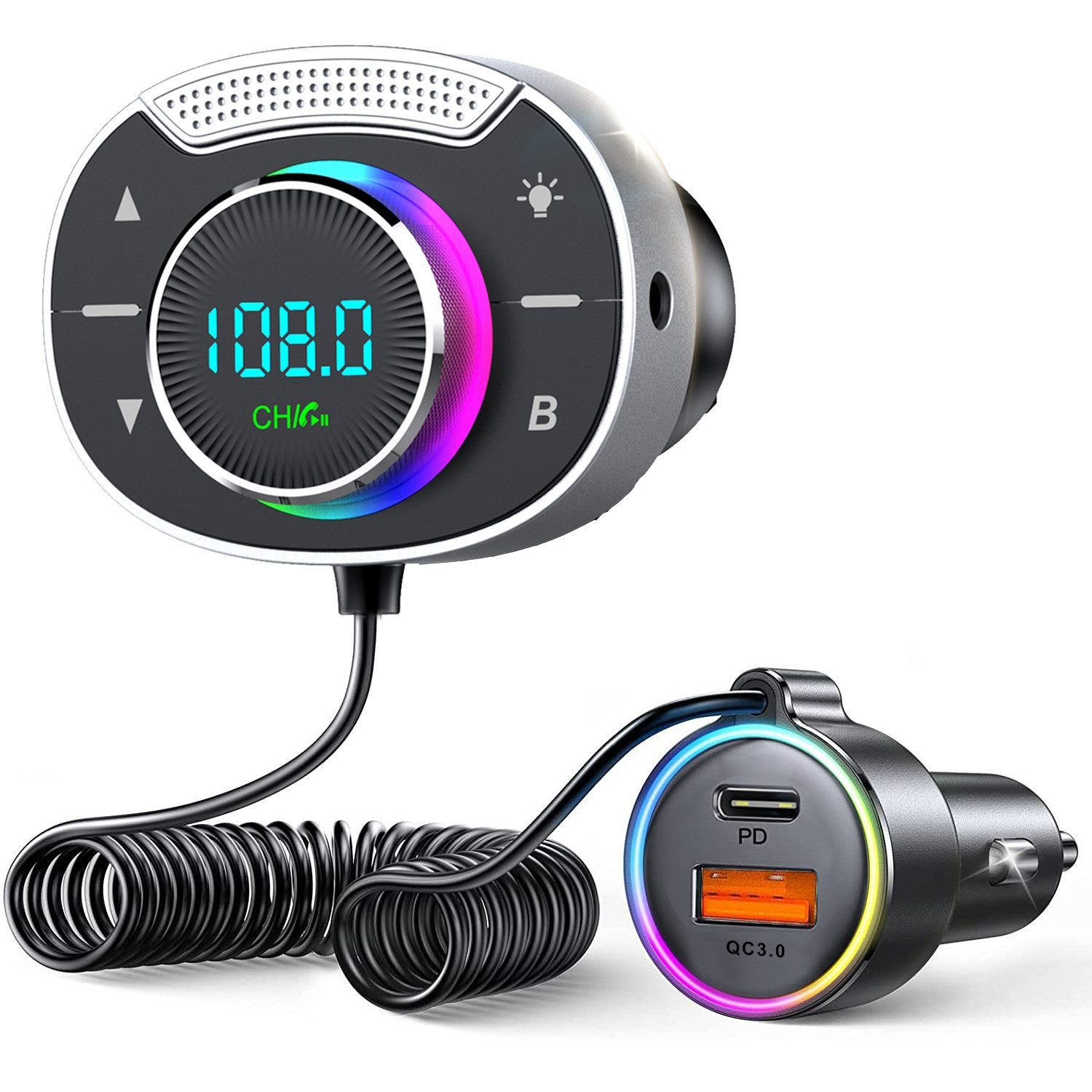ibettertec Bluetooth 5.3 FM Transmitter für Auto,PD 30W+QC3.0 Schnelllade KFZ-Transmitter FM Transmiter,Starkeres Dual Mic & Bass-Boost,KF2 Bluetooth Freisprechen Mit 8-Farbiger Hintergrundbeleuchtung, Musik-PlayerU-Disk, Übergroßes Mikro, Aux Ausgang & T