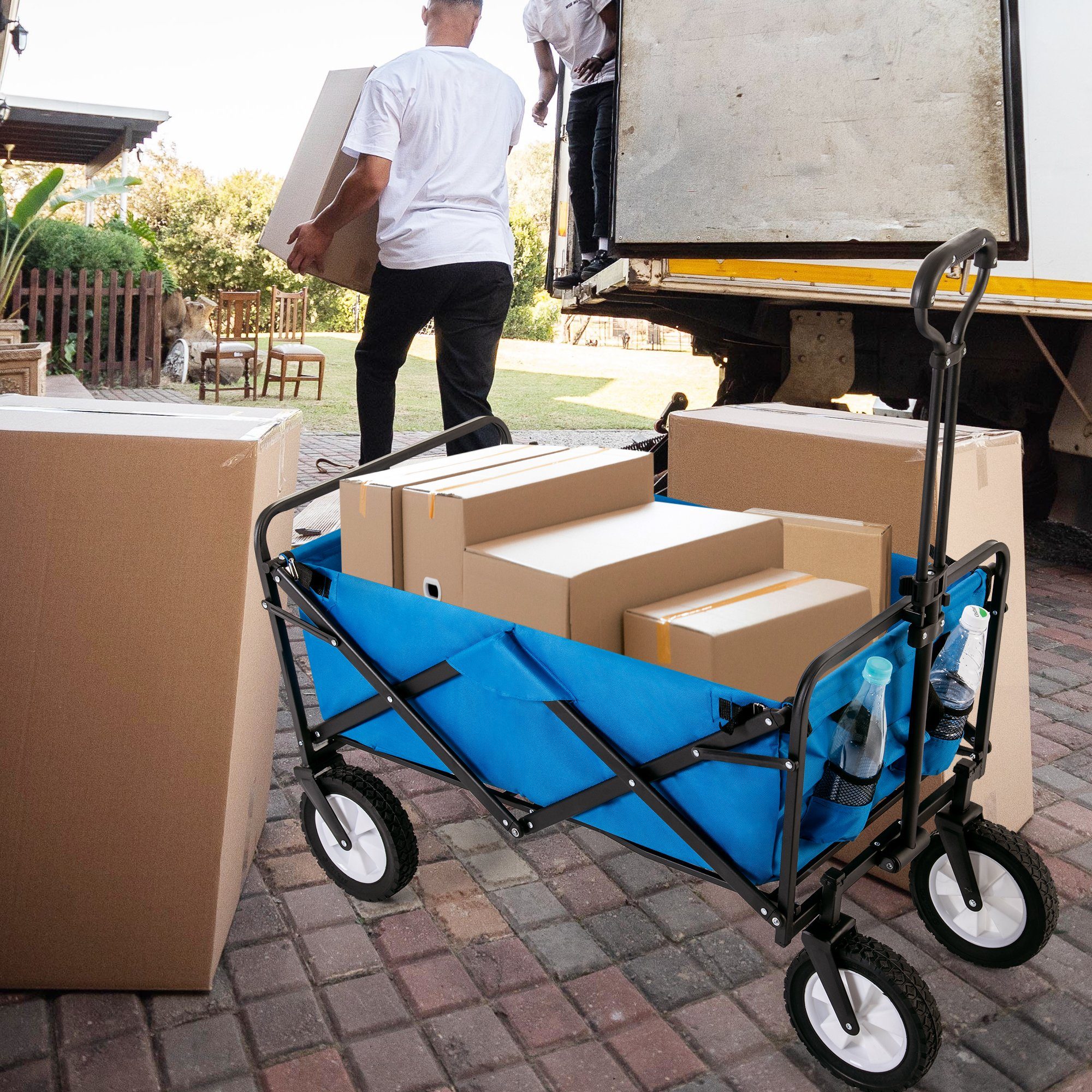 Handwagen Terrain 100kg Faltwagen Strandwagen Trolley mit (tragbar All Gartenwagen Bollerwagen bis 120KG verstellbarem Bollerwagen HAUSS SPLOE Griff), Blau Gartenwagen Faltbarer