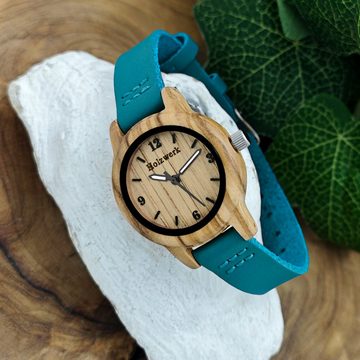 Holzwerk Quarzuhr CLARA BLUE kleine Damen Holz & Leder Armband Uhr, türkis blau, beige