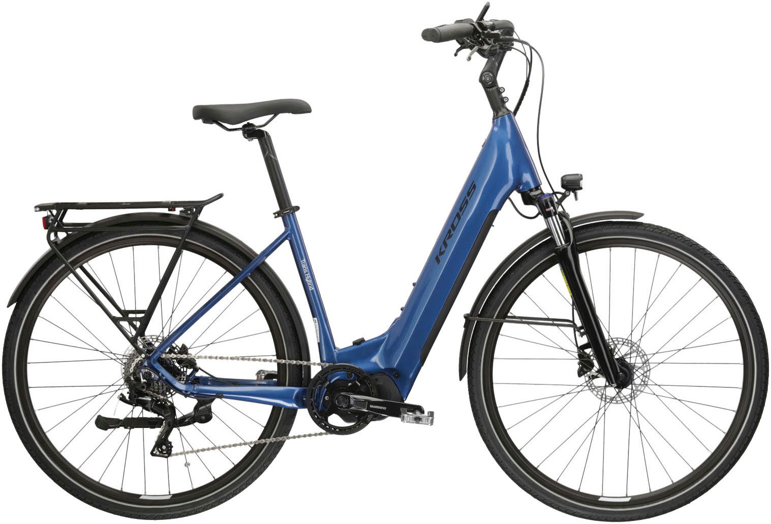 Kross E-Bike Trekkingrad E-Trekkingrad Trans Hybrid LS 3.0 28 Zoll blau, 8 Gang Shimano Acera T3000 Schaltwerk, Kettenschaltung, Mittelmotor, 500 Wh, Pedelec, Elektrofahrrad für Damen und Herren