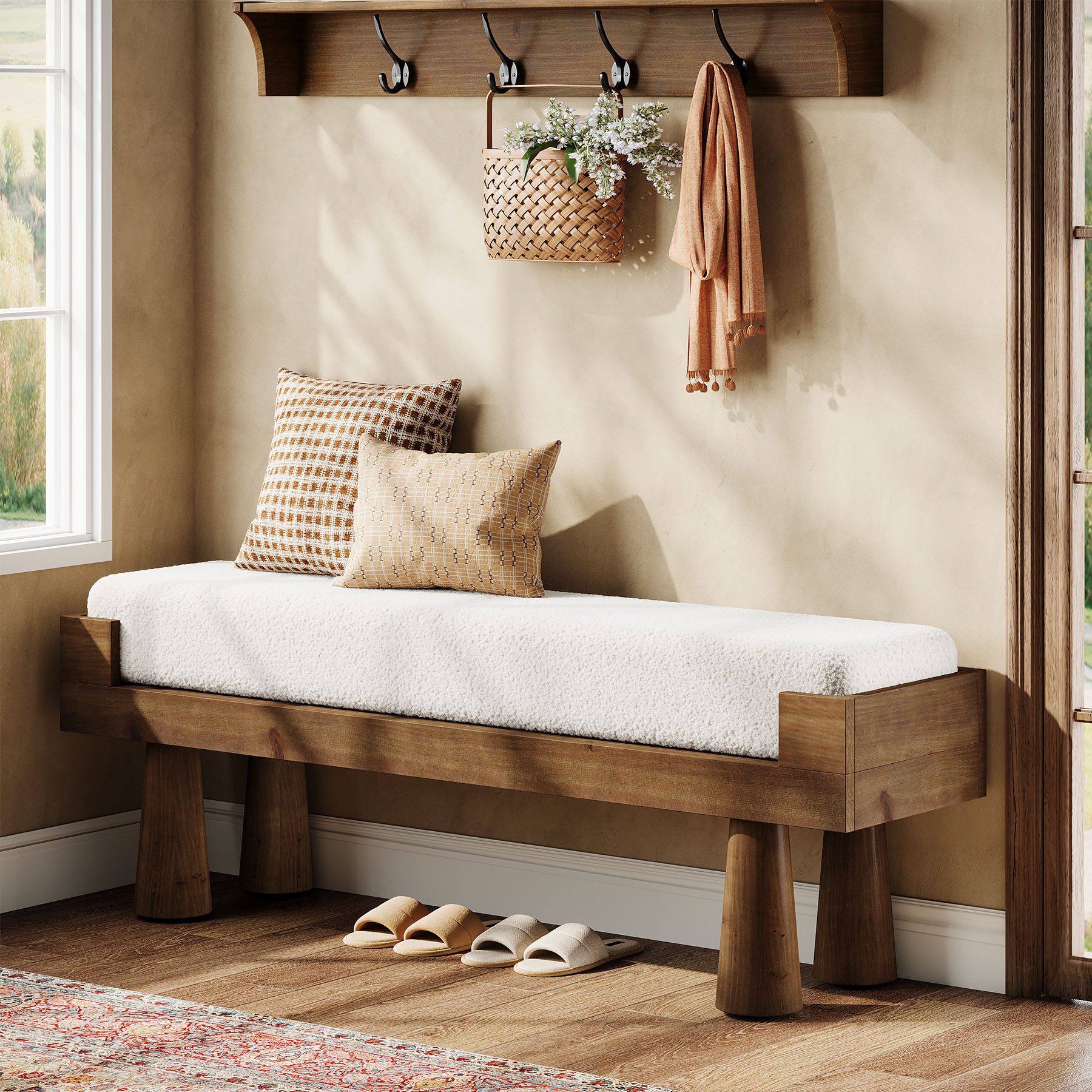 Tribesigns Schuhbank 120 cm Gepolsterte Sitzbänke, Massivholzbank mit Massivholzbeinen (Bettbank für Schlafzimmer, für Wohnzimmer, Garderobe, Flur)