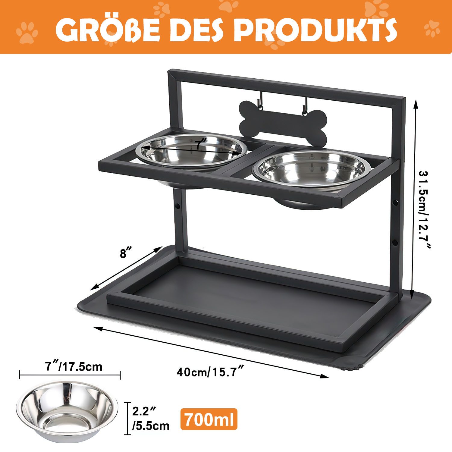 HEYHIPPO Futternapf Faltbarer Hundenapf, 3-fach höhenverstellbar mit auslaufsicherer Matte, Edelstahl, Großraum-Futternapf aus Edelstahl 700 ml mit Namensschild