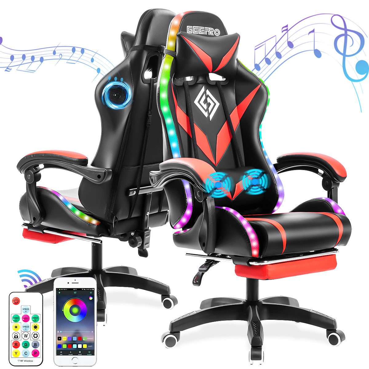 AUDEW Gaming-Stuhl 338 LED RGB Ergonomisch Bürostuhl mit Fußstütze und Lendenkissen (90°–135° verstellbare Rückenlehne, 10cm Sitzhöhe verstellbar), Computerstuhl Maximale Belastbarkeit: 160kg