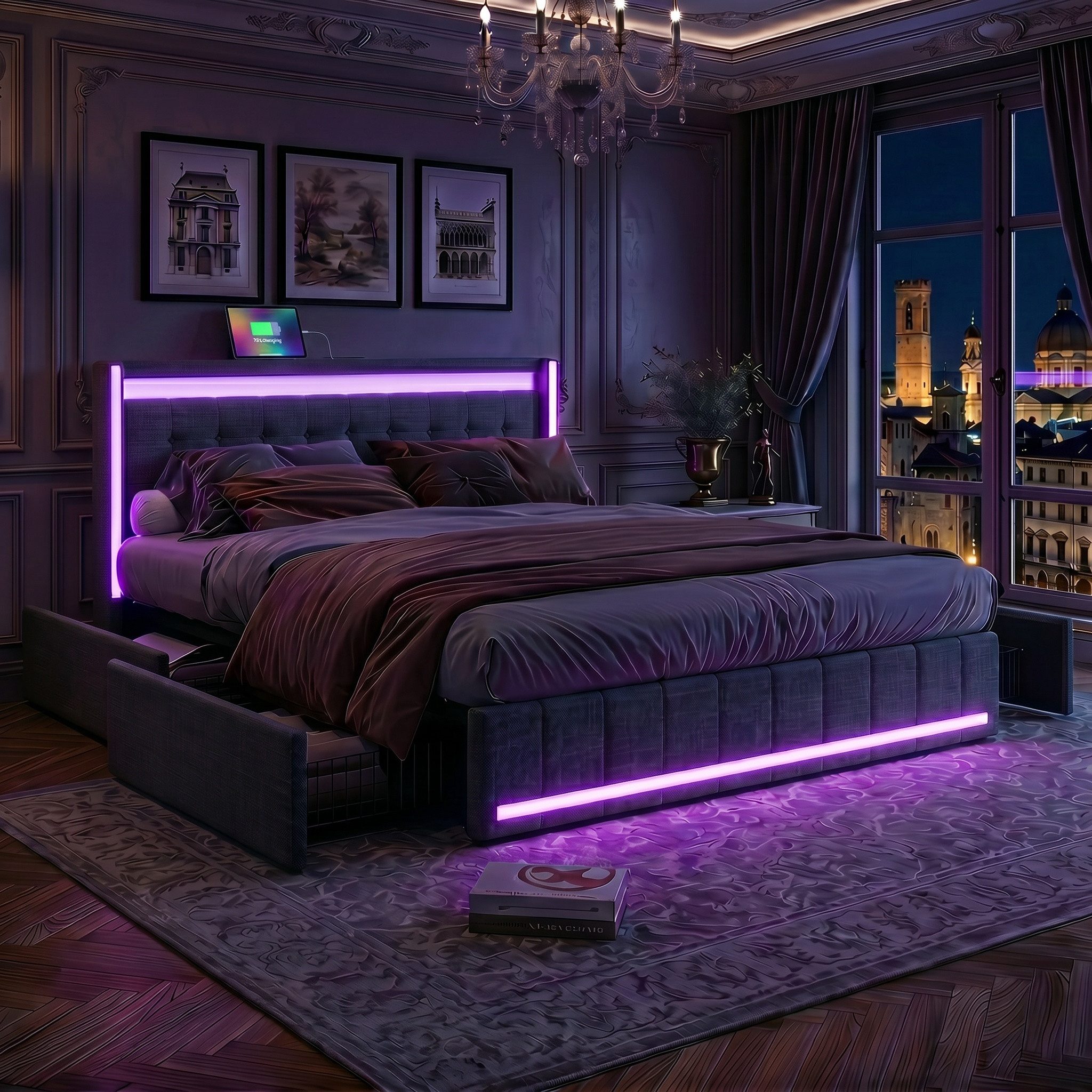 PXloue Polsterbett LED Doppelbett 140x200cm mit Ladefunktion und 4 Schubladen Polsterbett (Geeignet für Jugendliche und Erwachsene), mit RGB-LED, Lattenrost und praktischen Schubladen, 160x200