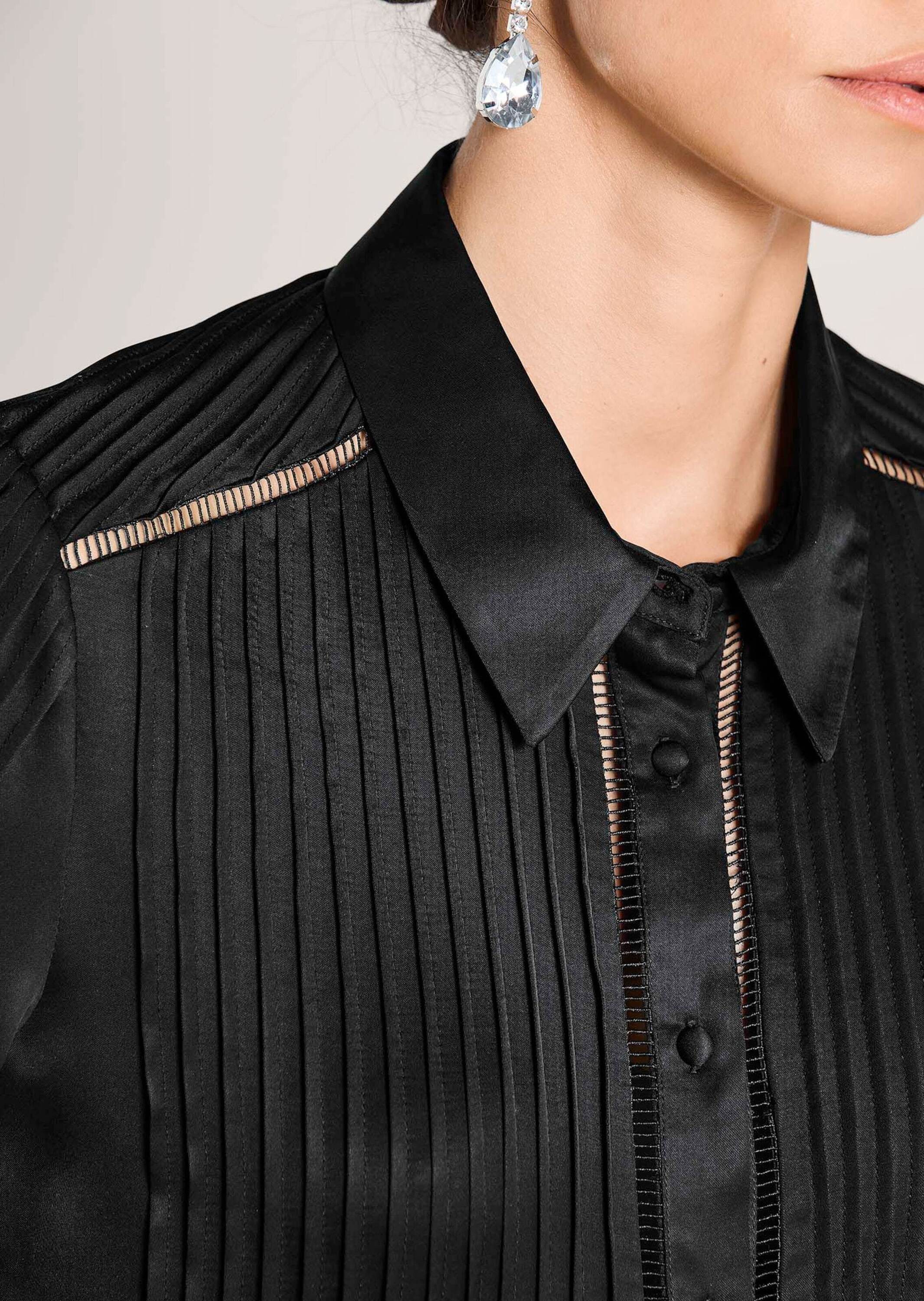 MADELEINE Langarmbluse Elegante Viskosebluse mit Knopfleiste Zierband und Biesen, Hemdkragen, lange Ärmel