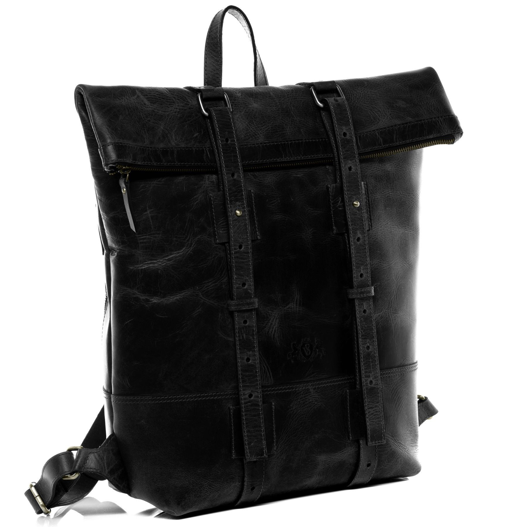 SID & VAIN Rucksack echt Leder Rucksack groß 15 Zoll Laptop Fach schwarz, Tagesrucksack Roll-Top Echtleder Damen Herren Vintage-schwarz