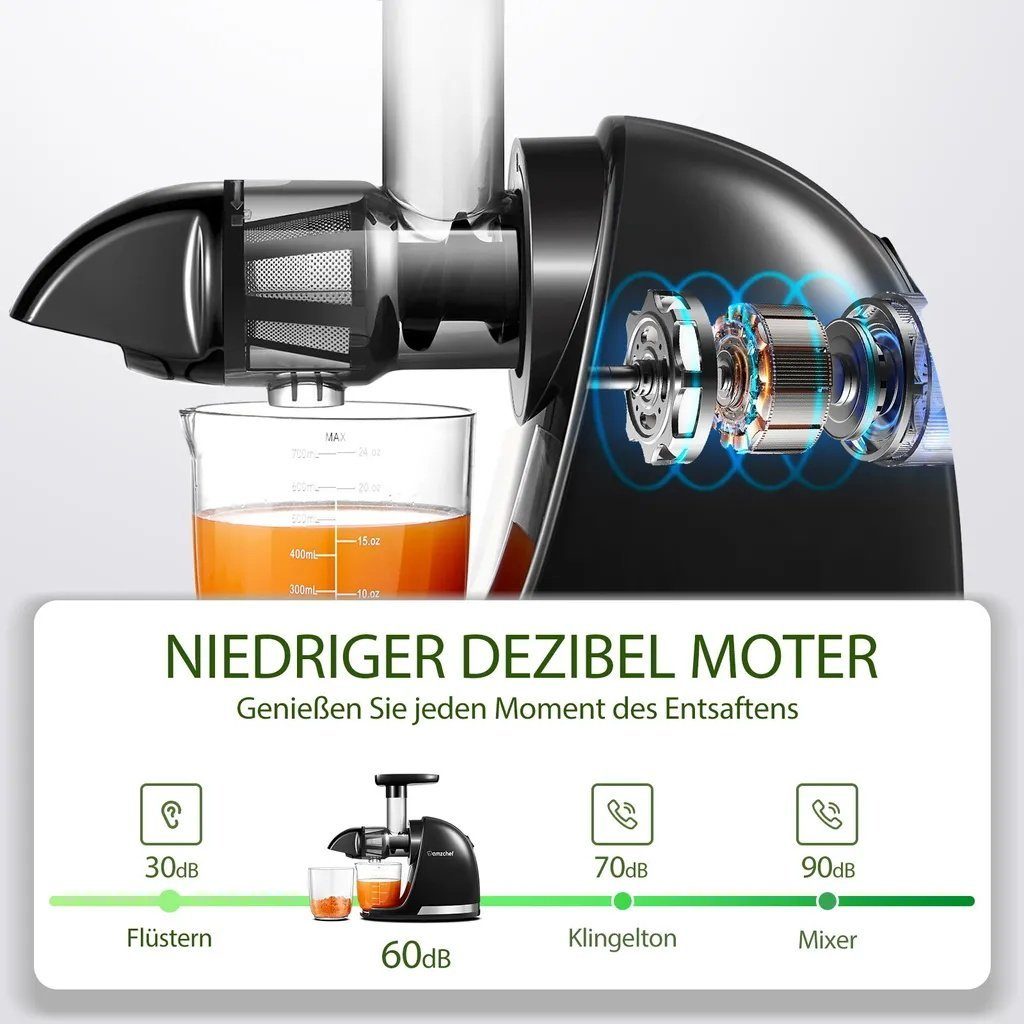 AMZCHEF Slow Juicer ZM1501, 150,00 W, Saftpresse Elektrisch, Entsafter Gemüse und Obst BPA Frei
