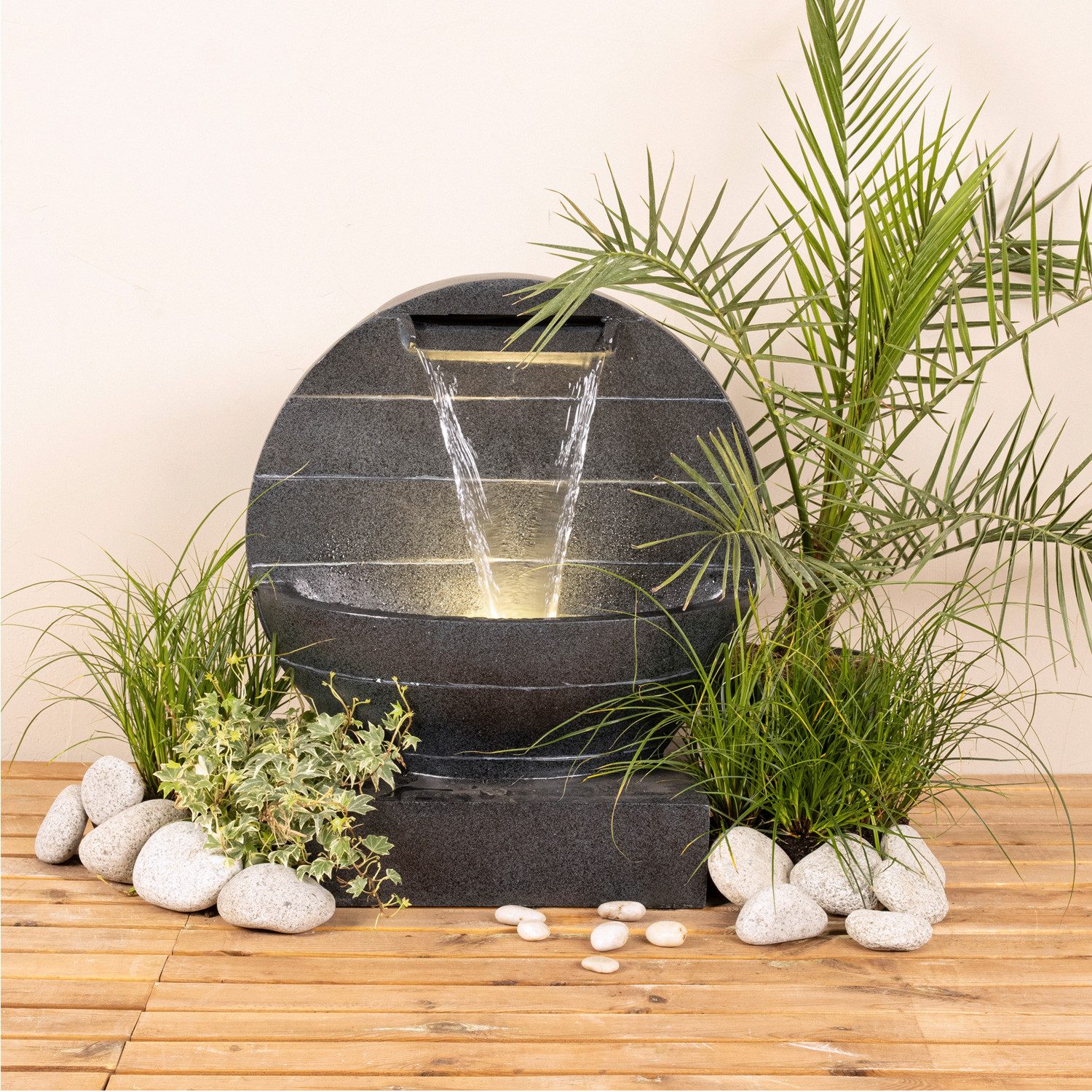 MARELIDA Gartenbrunnen Brunnen mit Wasserfall beleuchtet rund Polyresin Zierbrunnen 59cm, 21.5 cm Breite