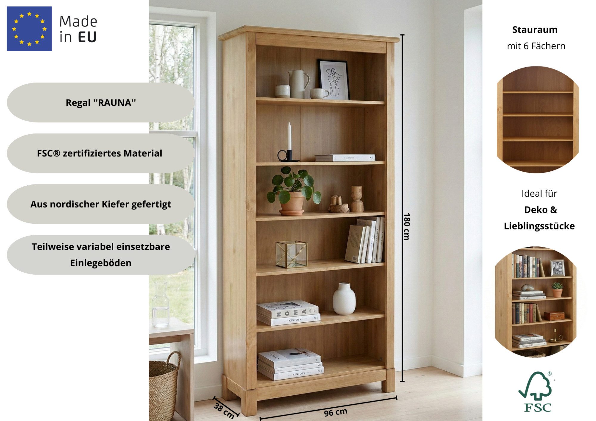 OTTO home Bücherregal Rauna, aus massiver Kiefer, Breite 96 cm, FSC® zertifiziert