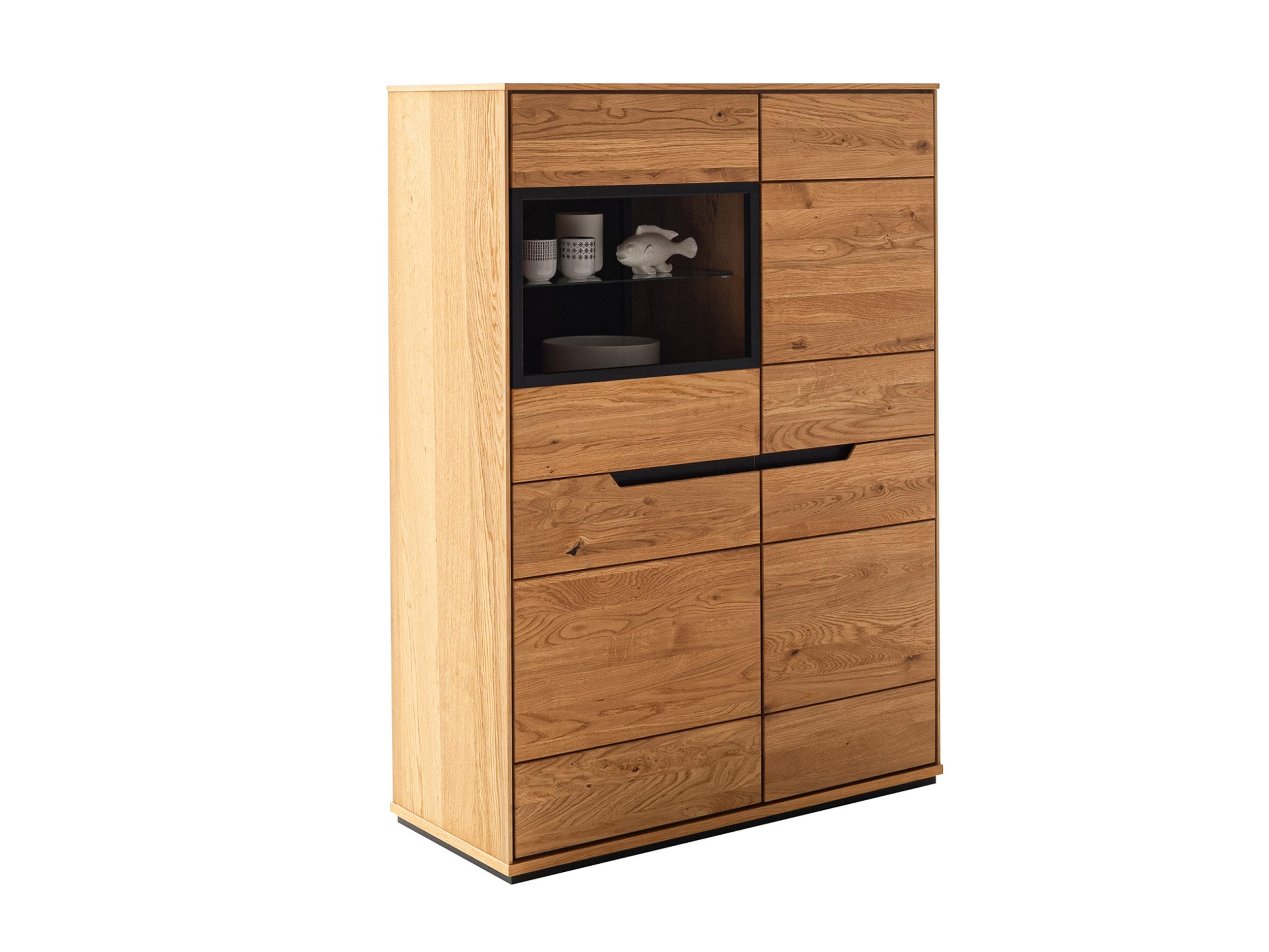 Massivart® Highboard 93 cm Breite Massivholz Wildeiche geölt »ARAYA«, 1 Glastür · 3 Drehtüren · 4 Einlegeböden · schwarze Griffmulden