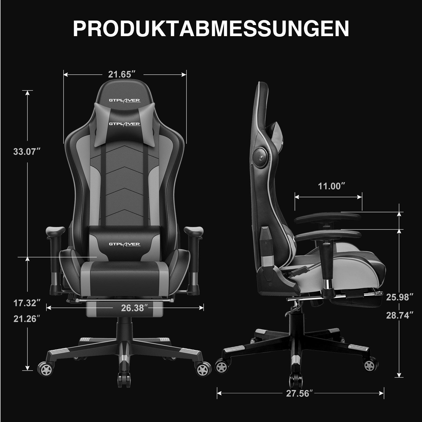 GTPLAYER Gaming-Stuhl Bürostuhl Gamer Stuhl mit Fußstützen Bluetooth Lautsprecher, Ergonomischer Musik Computerstuhl inkl. Lendenwirbel- und Nackenkissen