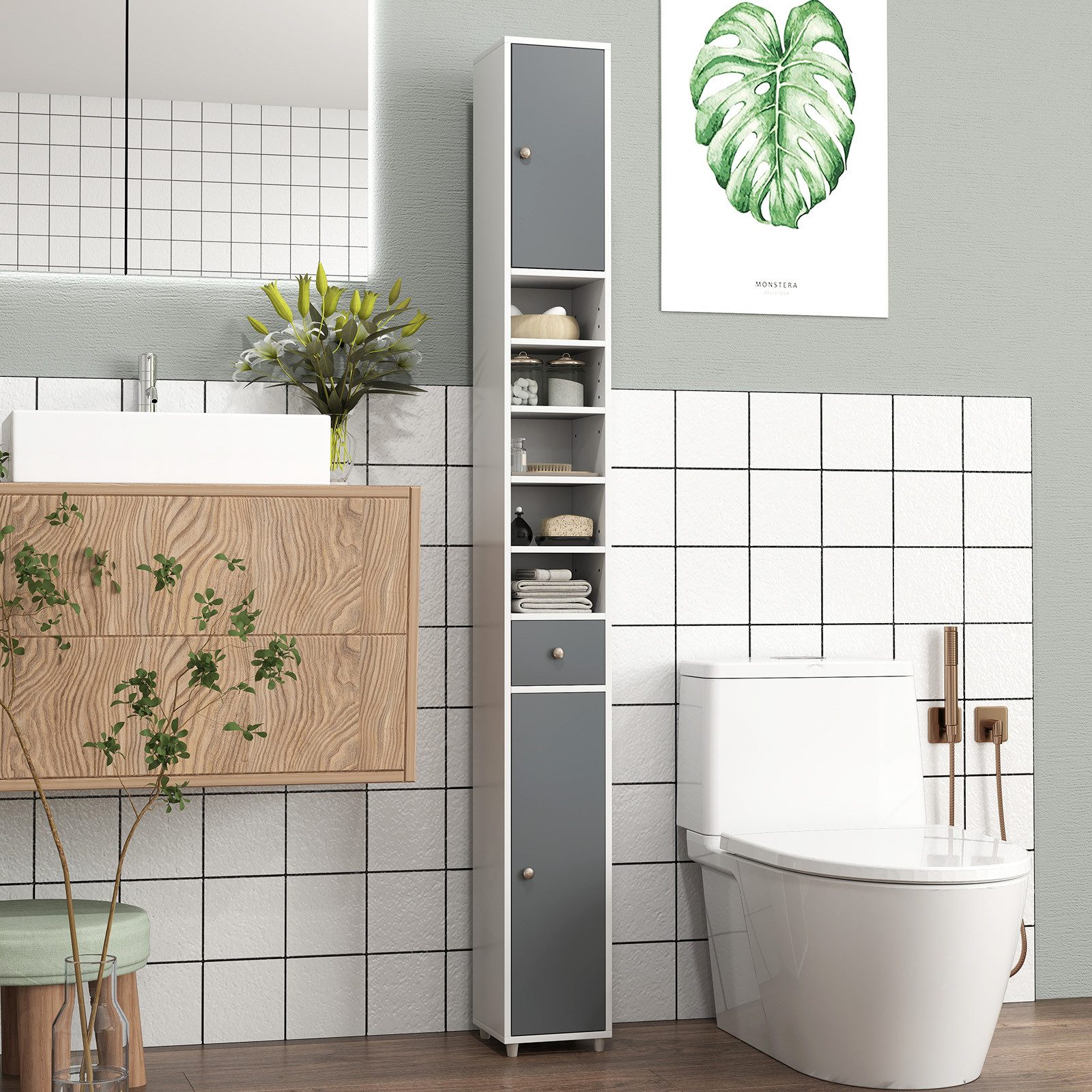 COSTWAY Hochschrank Badschrank schmal, mit Schublade, günstig online kaufen
