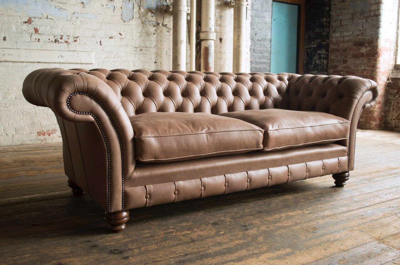 Die Klassische Sitz JVmoebel Polster, Knöpfen. Braun Chesterfield Rückenlehne Chesterfield-Sofa Leder mit Couch Sofa