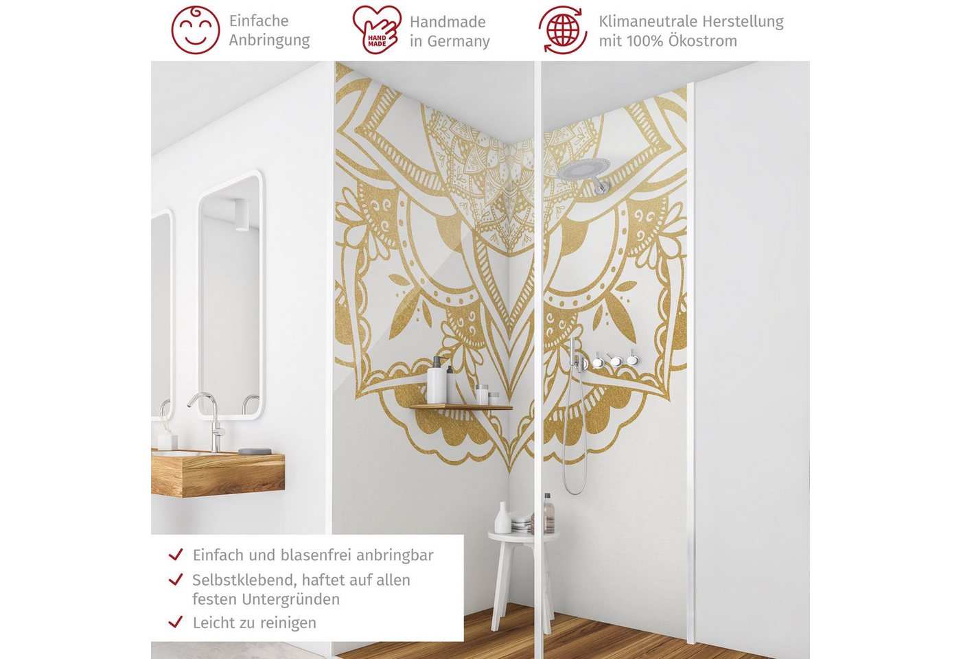 Thumbnail - Bilderdepot24 Badrückwand Mandala gold Duschrückwand ohne Bohren Dusche Blumen, (2-tlg., Hart-Folie Smart matt 0,35 mm),...