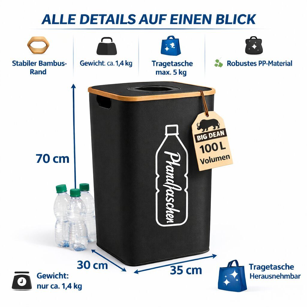 BigDean Aufbewahrungsbox Pfandflaschen Sammelbehälter 100L – Pfandsammler für 30–40 Flaschen (Stück, 1 St., Pfandsammler), Modernes Schwarz, platzsparende recht – Bild 3 von 5