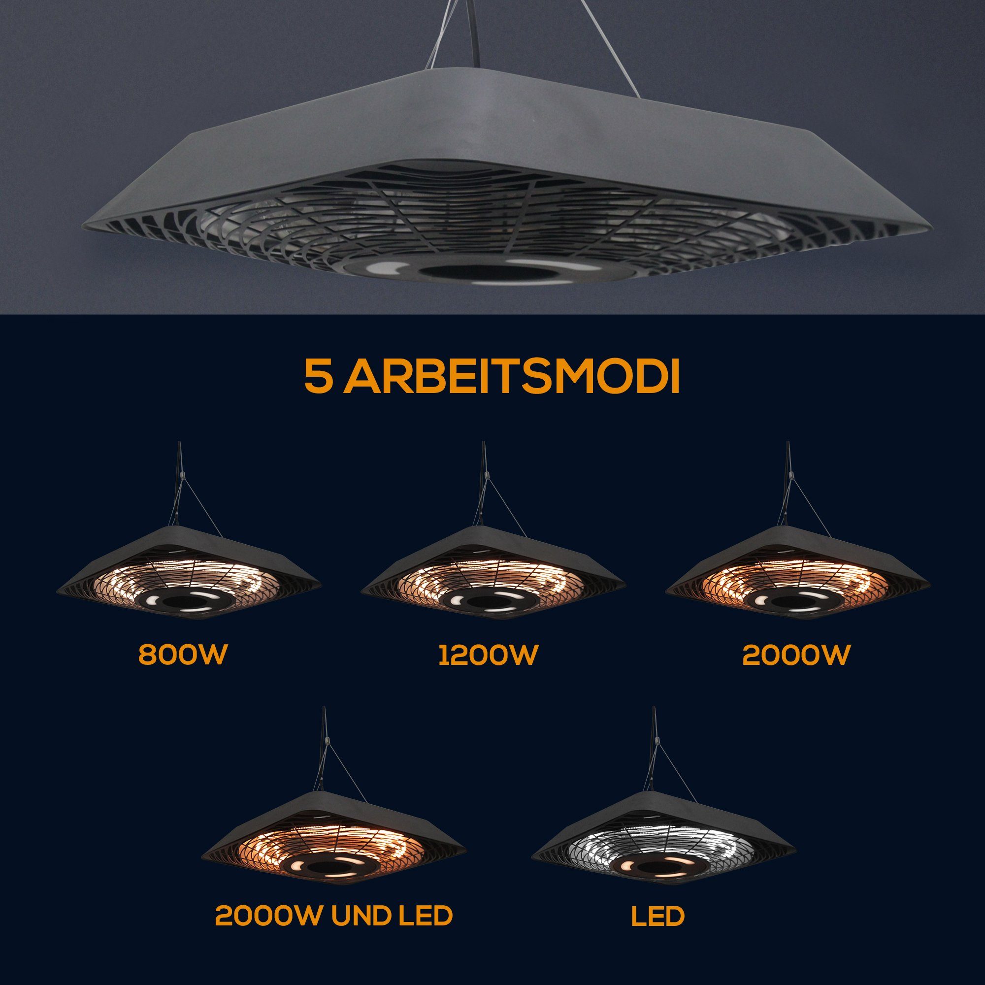 Outsunny Heizstrahler 5 Modi Heizstrahler mit Fernbedienung, LED-Licht Alu Glas, 2000 W, für Außenbereich, Schwarz – Bild 4 von 5