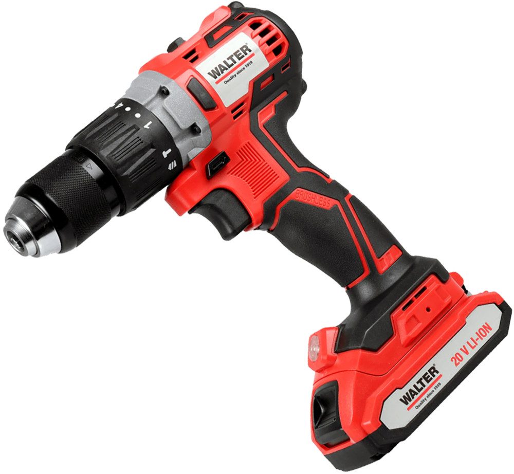 WALTER Akku-Bohrschrauber 20V Schlagbohrschrauber Bohrschrauber Akkuschrauber inkl. Akku 50Nm, 20 V, max. 1600 U/min, Bürstenloser Motor