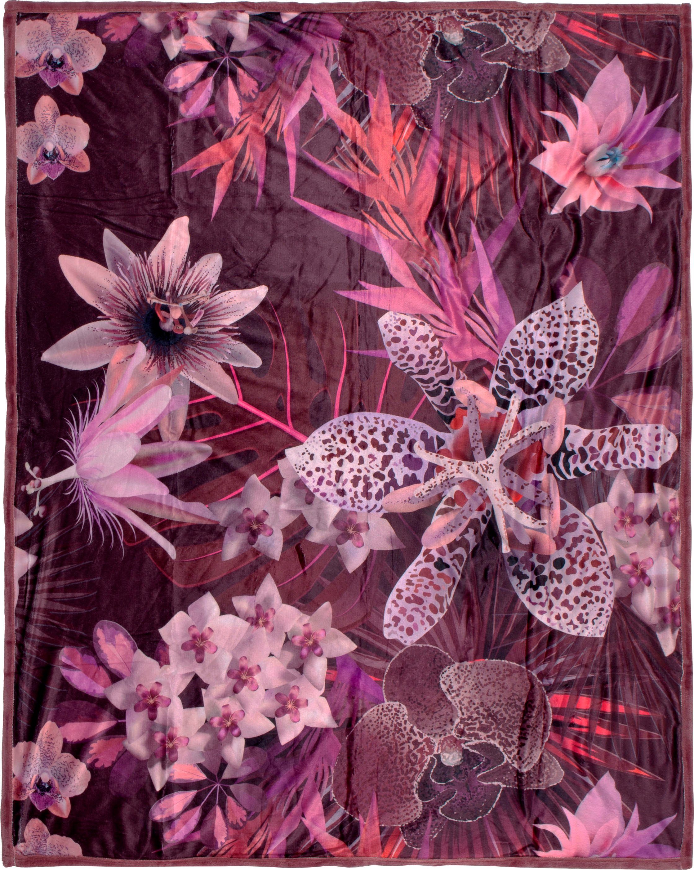 Plaid Farze, Descanso, Sehr Weich, Kuscheldecke, 130x160 cm, Wendeoptik, Blumen, Bordeaux