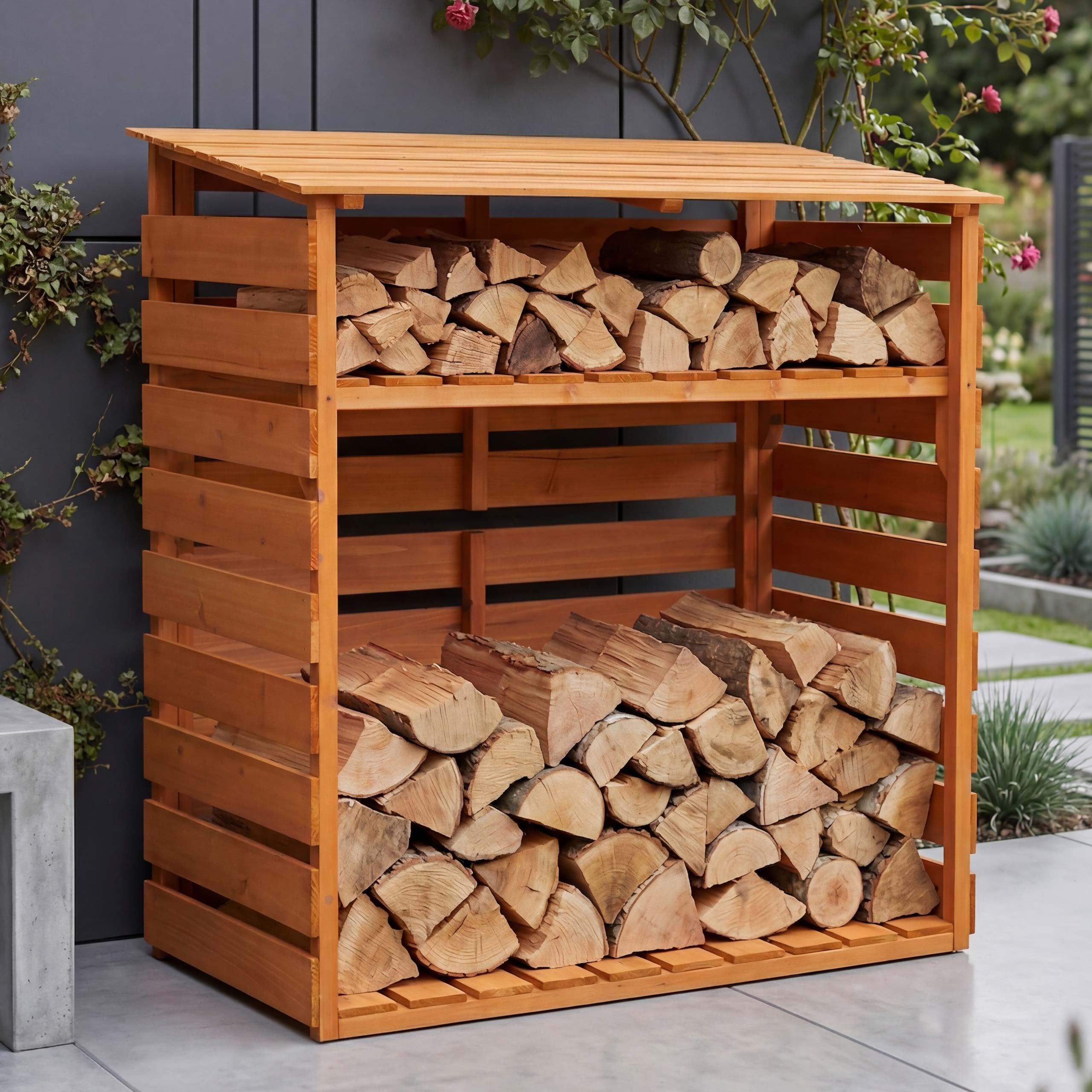MCW Kaminholzregal MCW-Q16, BxTxH:122x61x121 cm, Schräges Dach leitet Regenwasser ab und hält den Innenbereich trocken