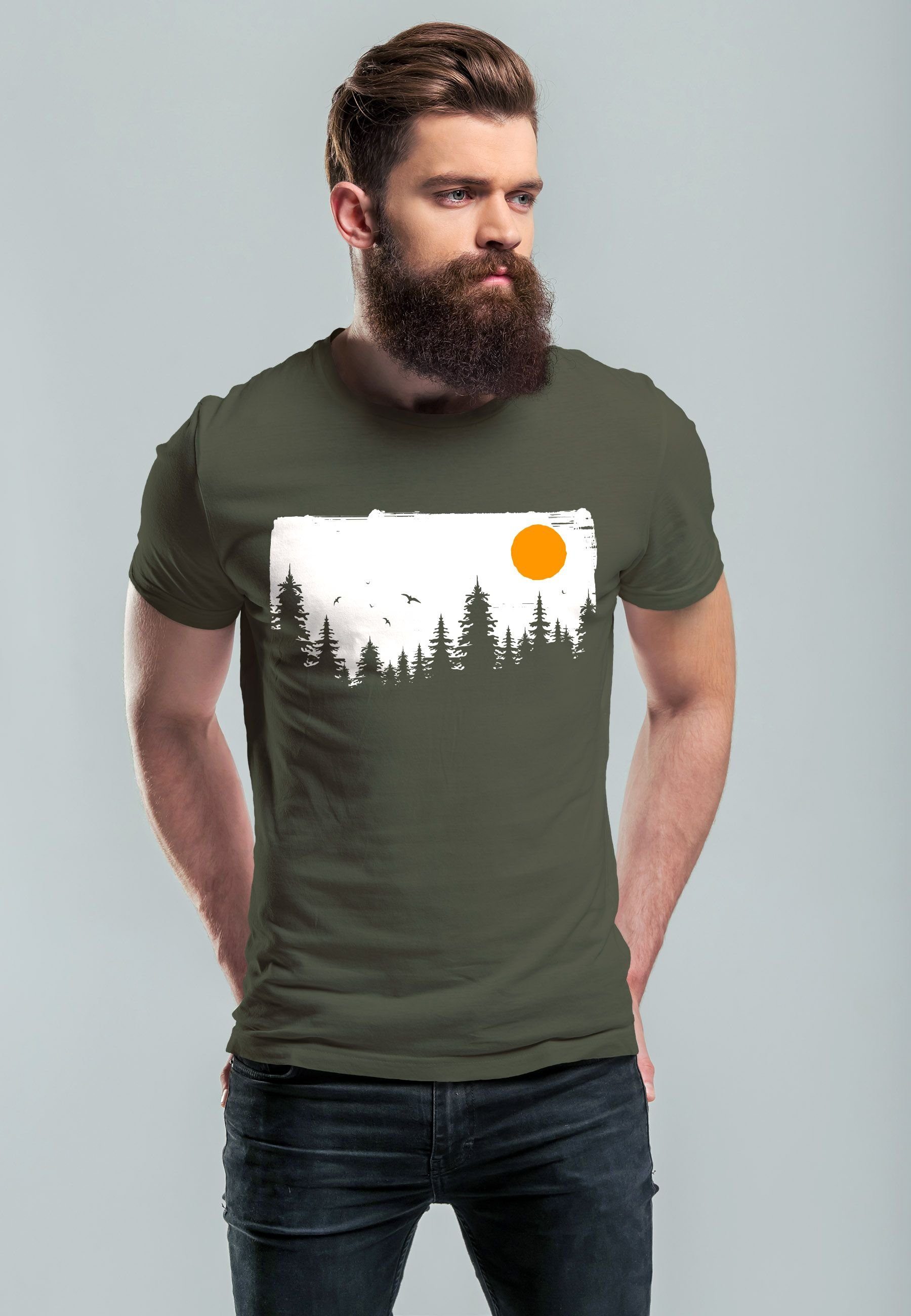 Neverless Print-Shirt Herren T-Shirt army Print Abenteuer mit Adventure Outdoor Bäume Natur-Liebhaber Wald