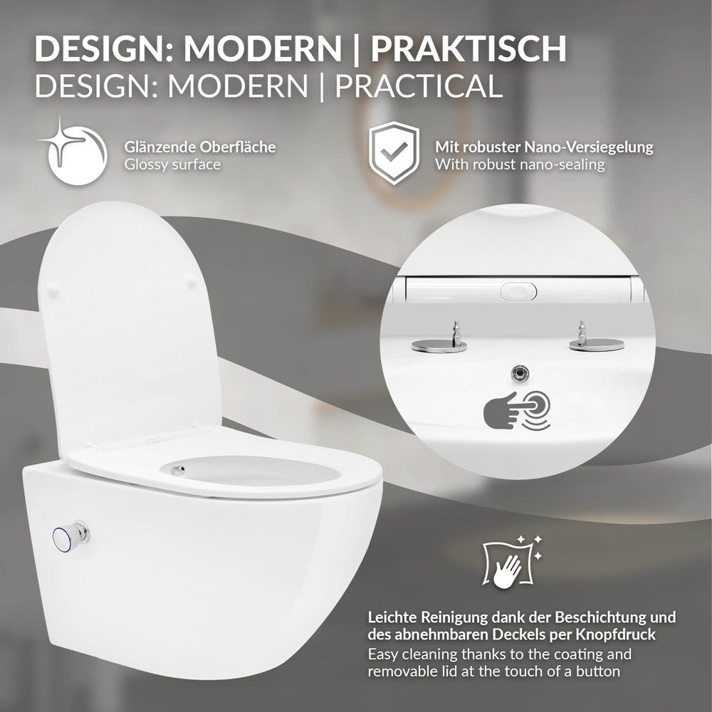 LuxeBath Tiefspül-WC Spülrandloses Wand Hänge WC aus Keramik mit WC-Sitz Absenkautomatik, Toilette lang mit Bidet-Funktion & Nano Beschichtung Tornadospülung