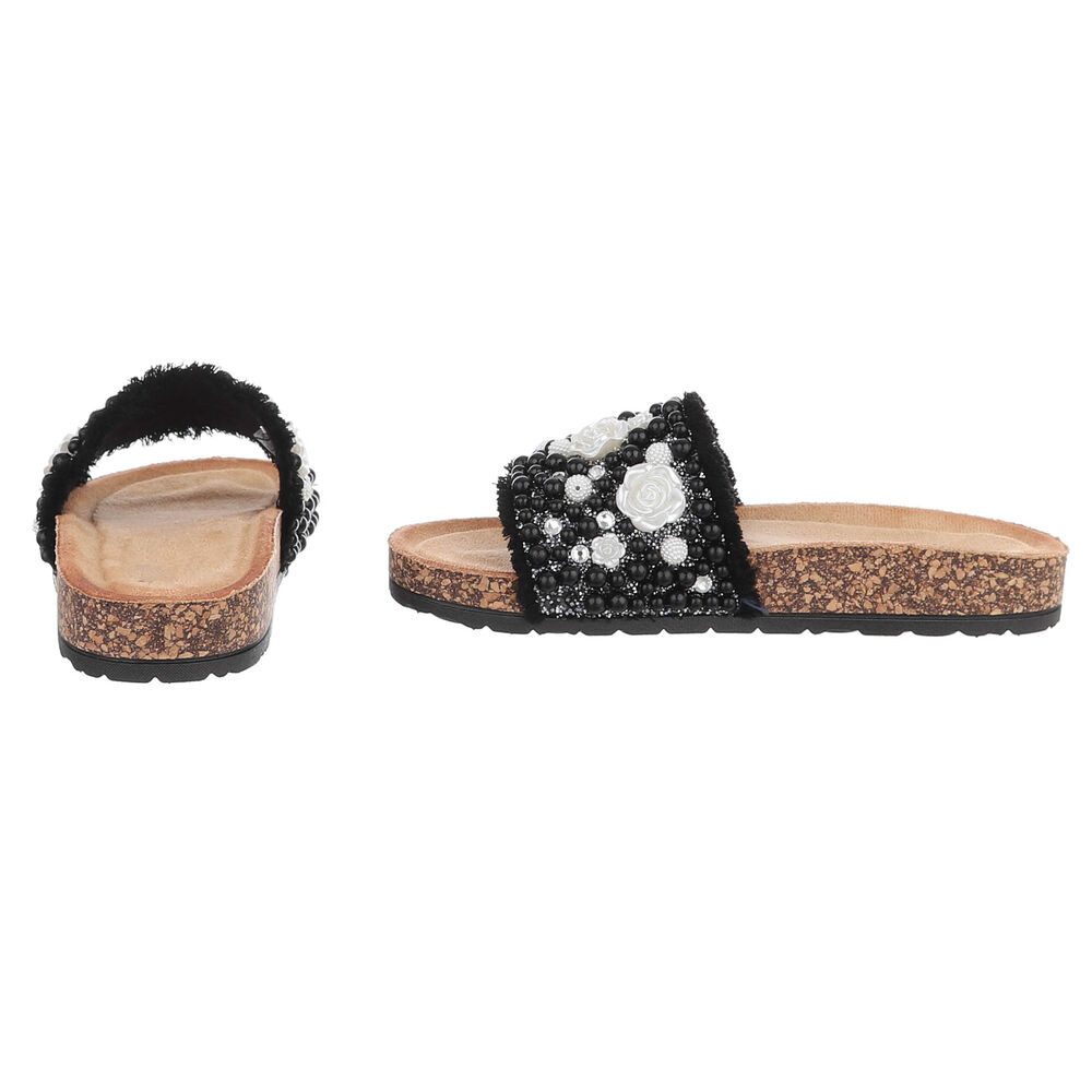 Ital-Design Feminine Damen-Sandalen mit Perlen und Blumendekor Pantolette (91512175) Flach Pantoletten in Schwarz – Bild 5 von 5