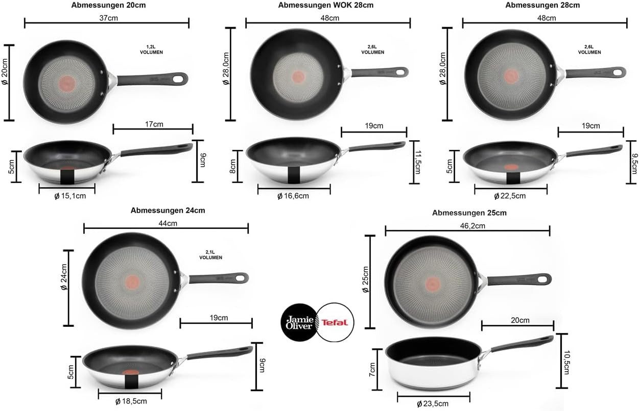 Tefal Pfannen-Set Jamie Oliver E76 Pfannenset 20,24,28cm + Wok 28cm Schmorpfanne mD 25cm, Edelstahl 18/10 (Pfanne, Bratpfannen Set, Pfannenset, Wok, Wokpfanne, Schmorpfanne, Pfannen + 1 Wender & Schoner Antihaftbeschichtet Pfannenset mit Deckel), ohne Fett / Öl braten