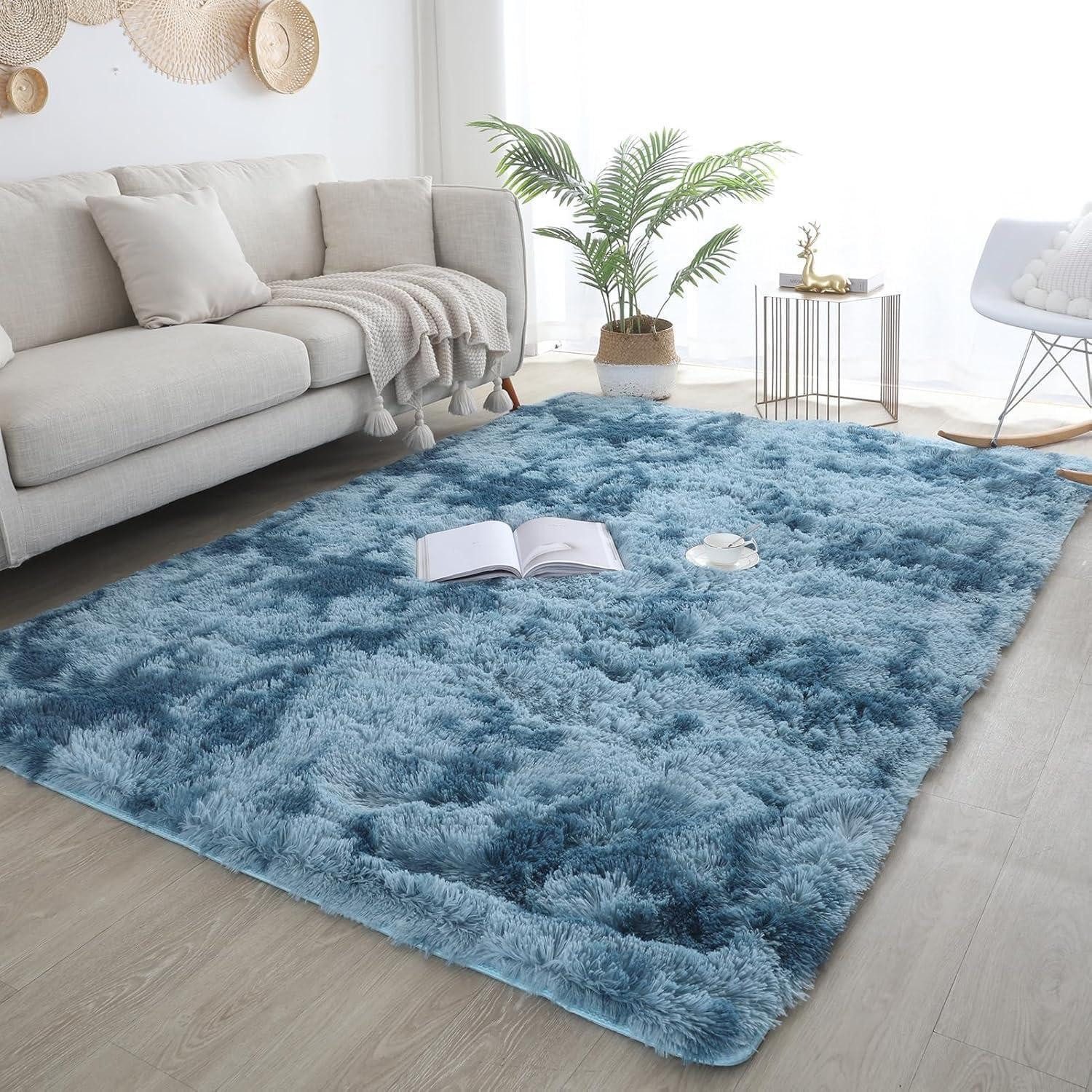 LuxusKollektion Hochflor-Teppich Zottelteppich Wohnzimmer Schlafzimmer Flur Blau 120x180cm