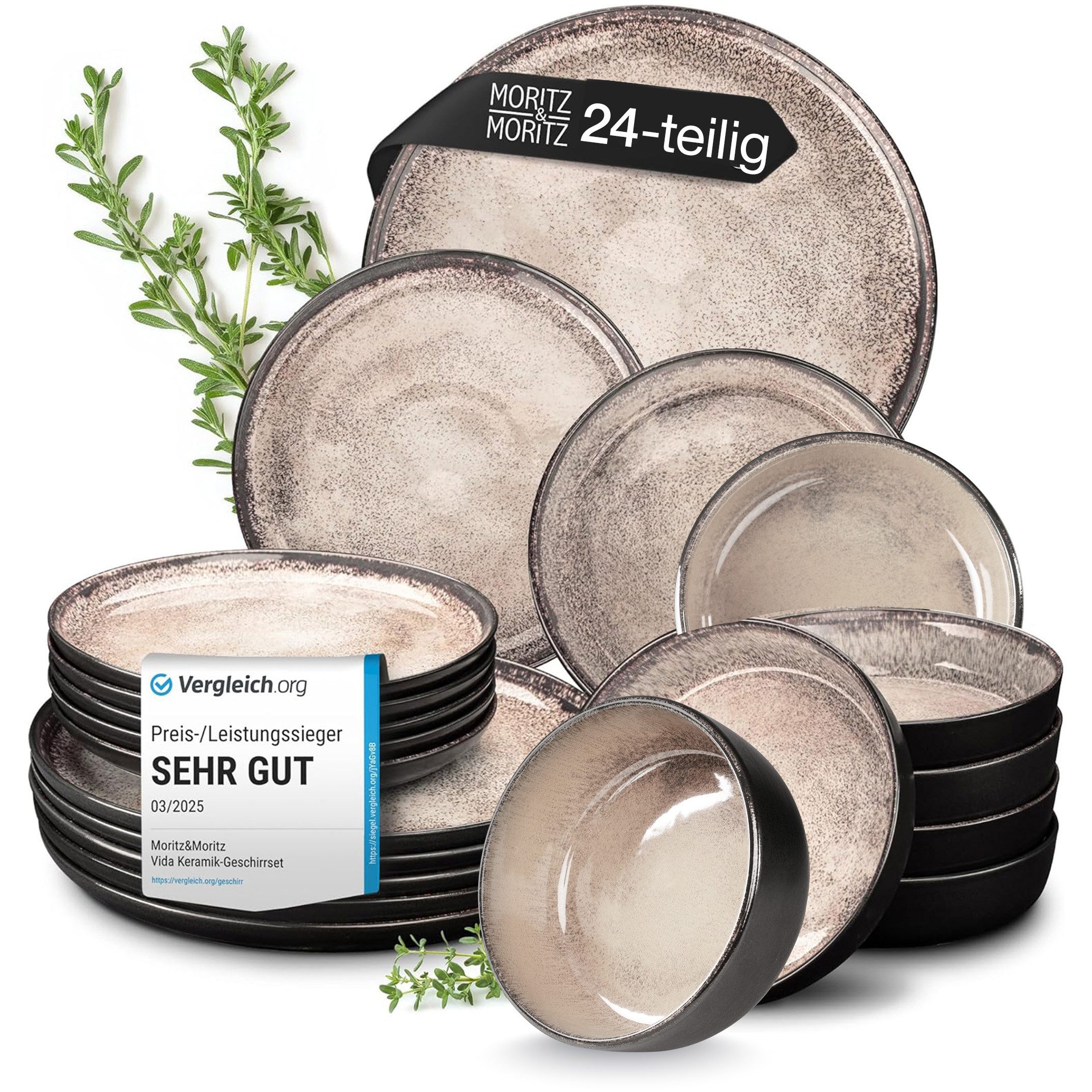 Moritz & Moritz Geschirr-Set VIDA Geschirrset mit Müslibowls Beige (24-tlg), 6 Personen, Porzellan, Kombigeschirr für 6 Personen