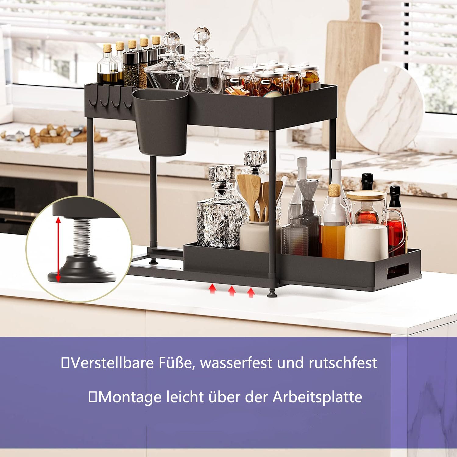 Refined Living Ablageregal Waschbecken Regal, Küchenschrank Organizer, Spülschrankregal Organizer, Lagerregal mit 2 Ebenen, mit Schiebeschublade, 4 Haken und 1  – Bild 5 von 5
