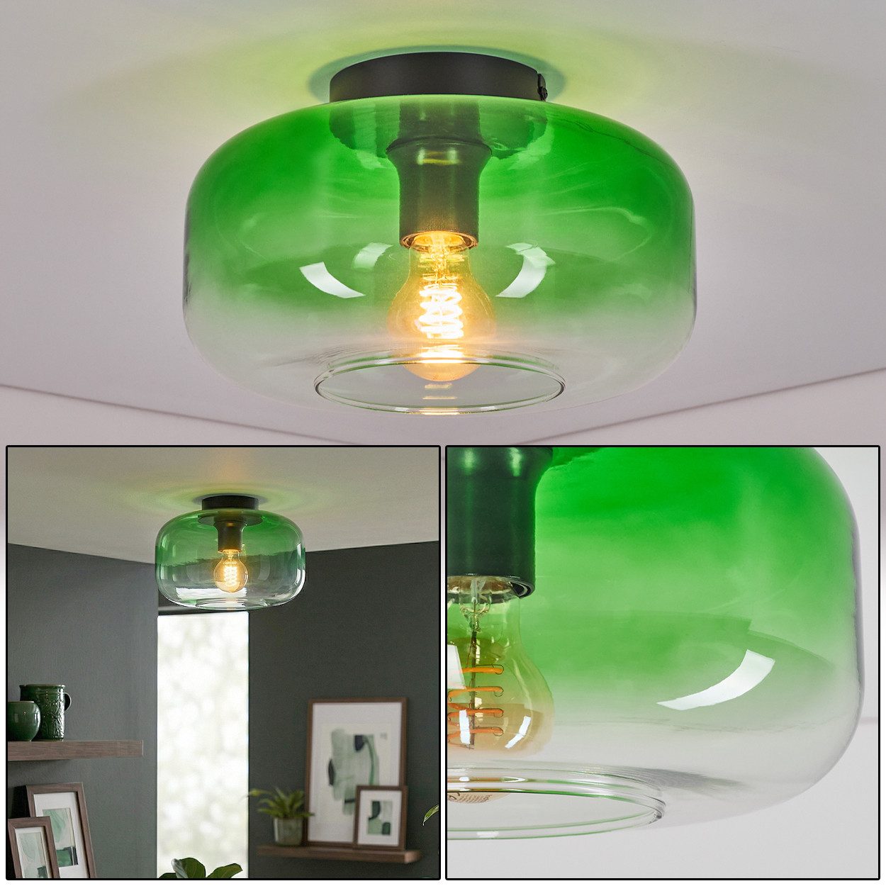 hofstein Deckenleuchte Deckenlampe aus Metall/Glas in Schwarz/Grün/Klar, Deckenleuchte im Retro/Vintage-Design, Ø 28 cm, Höhe 17 cm, E27
