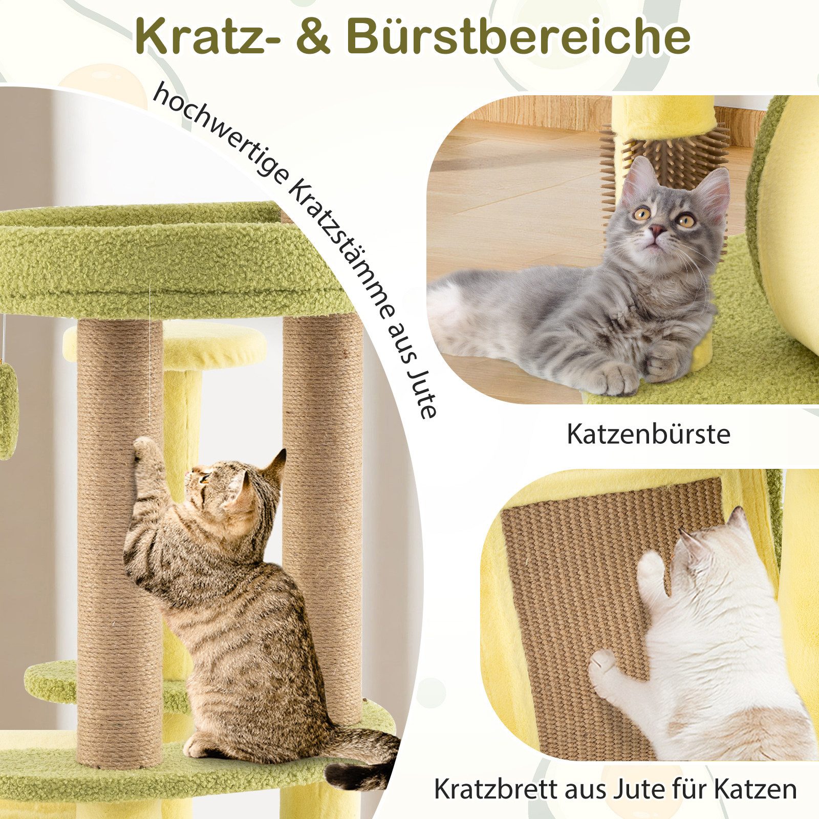 KOMFOTTEU Kratzbaum, mit Katzenbett, 2 hängenden Bällen und 1 Bürste