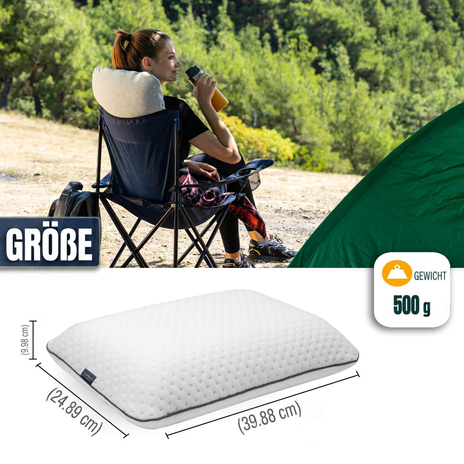 Alkamto Kopfkissen Alkamto Reisekissen Memory-Schaum 40x25x10 cm kompakt mit Tasche, Füllung: 100% Memory-Smart-Schaum, Bezug: Viskose, Seitenschläfer, Bauchschläfer, Rückenschläfer, 100% Baumwolle, Äußerer Bezug: Viskose, Füllung: 100% Viscoschaum