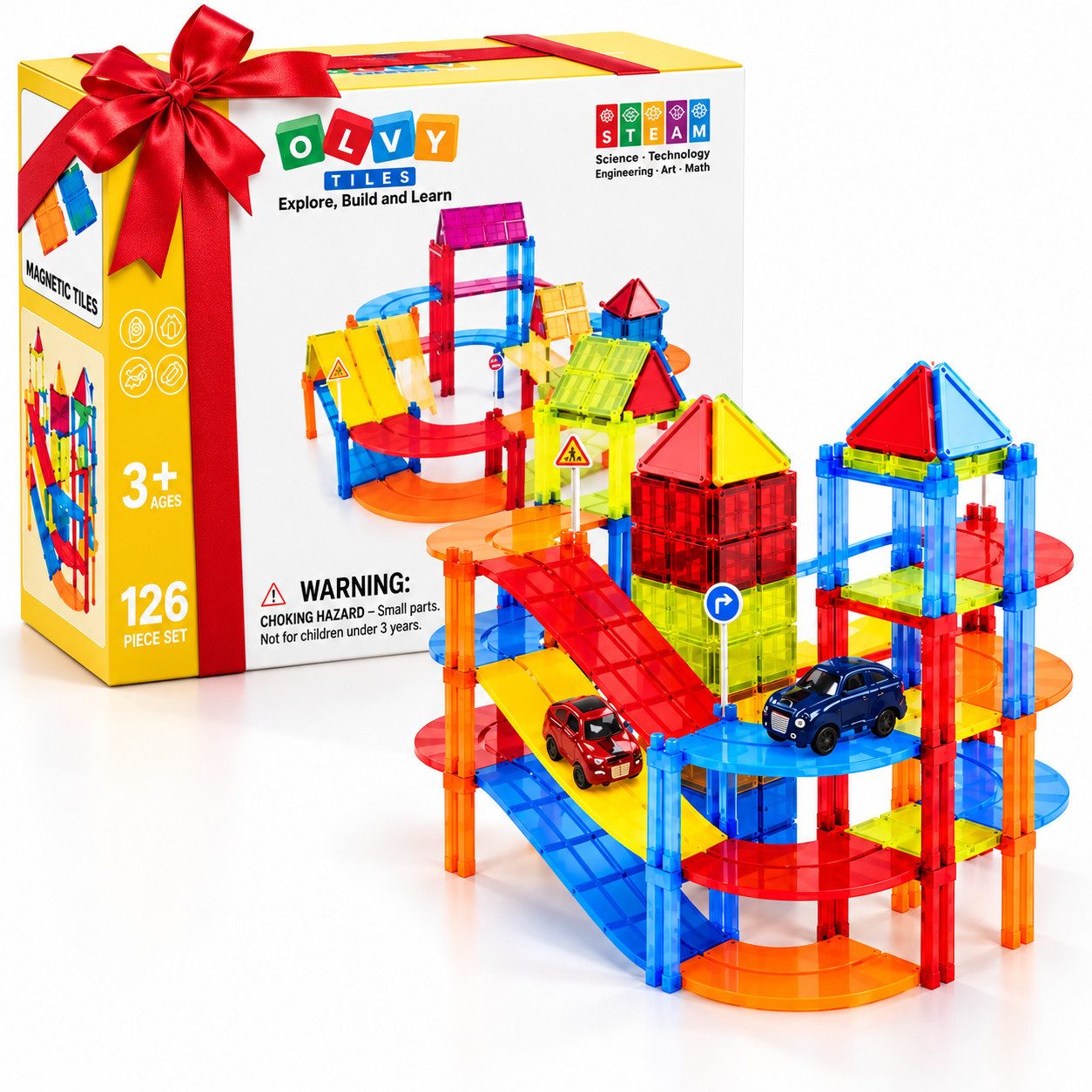 Olvy Magnetspielbausteine, (Autos & Straße), Montessori Spielzeug für Kinder ab 3 Jahren, abgerundete Kanten von Olvy